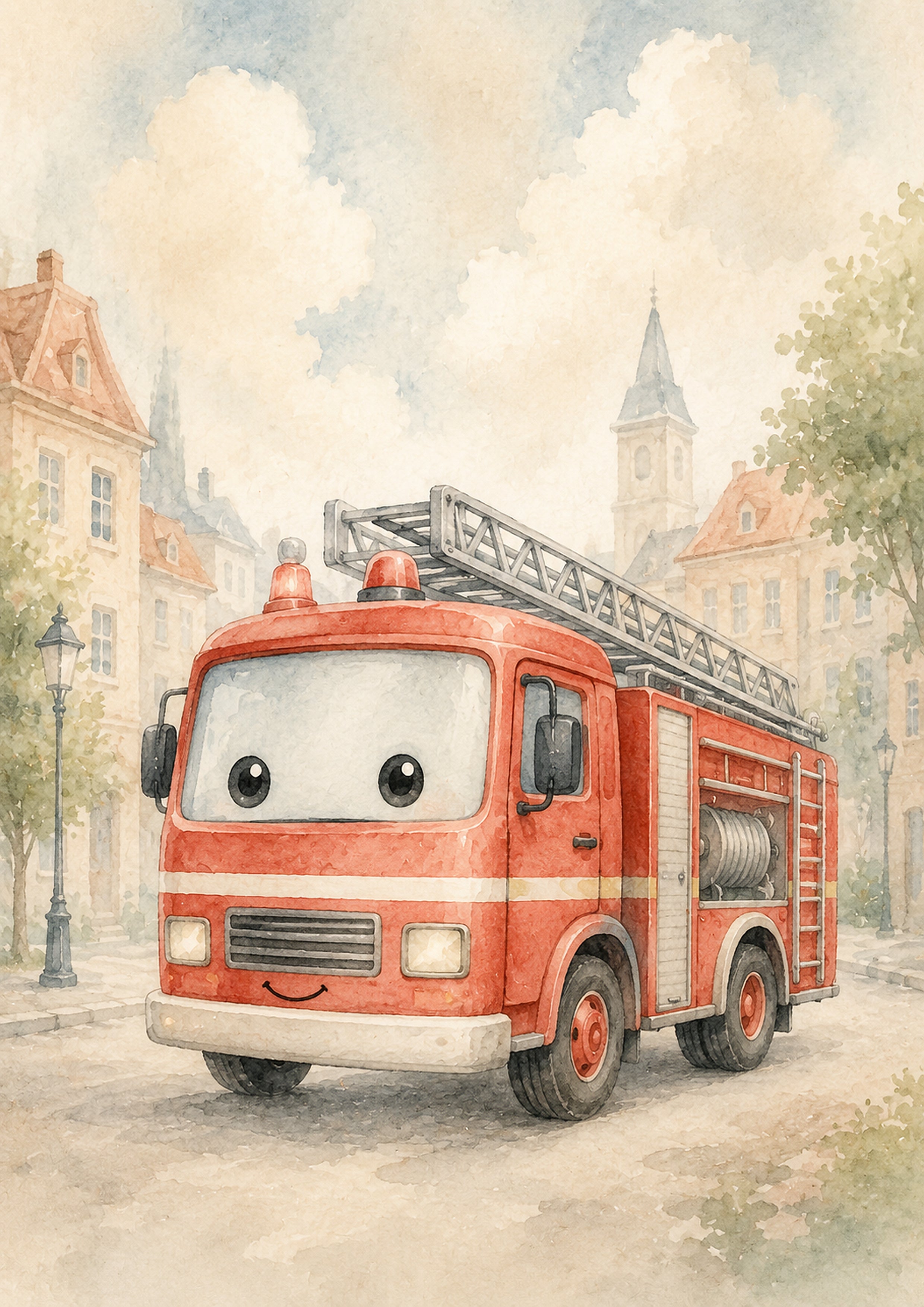 Friendly Fire Truck in A Quiet Town nursery wall print by PosterMe.shop