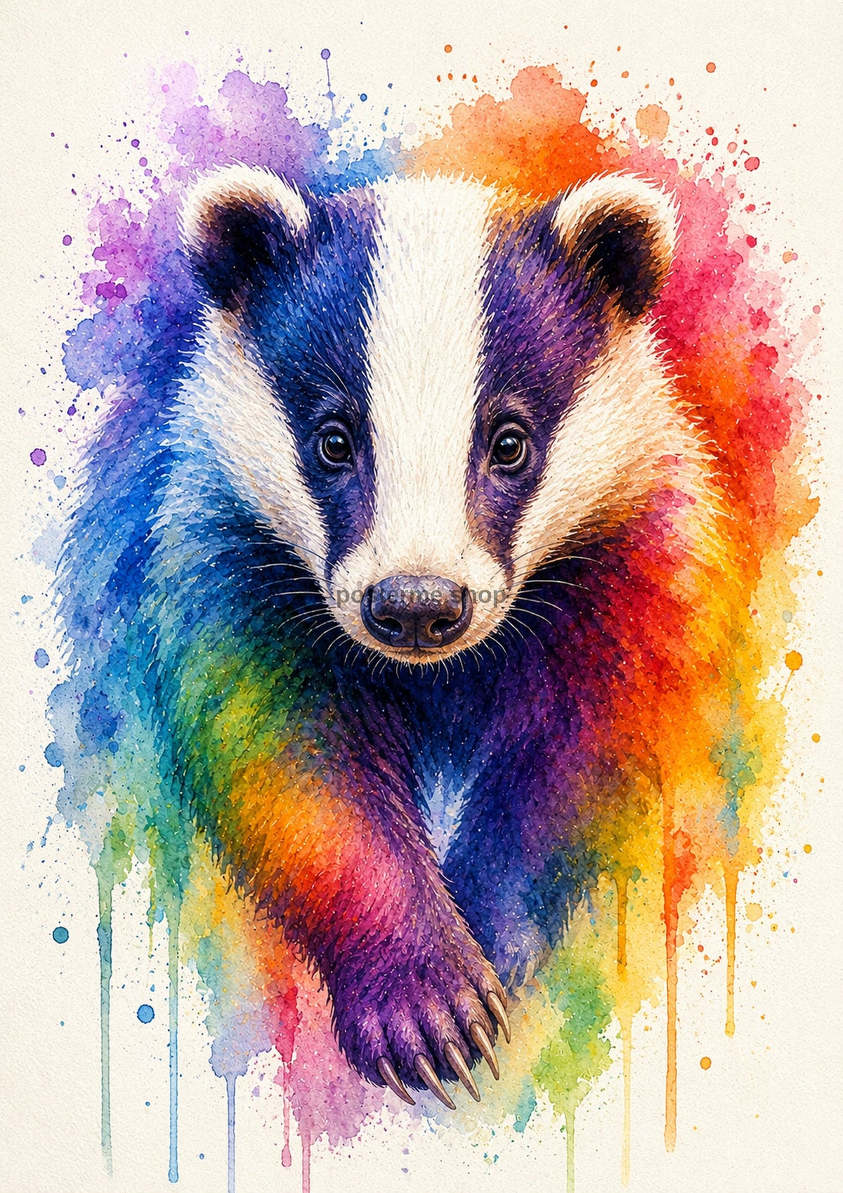 Rainbow Badger Watercolour Portrait colourful animal watercolour art print by towelme