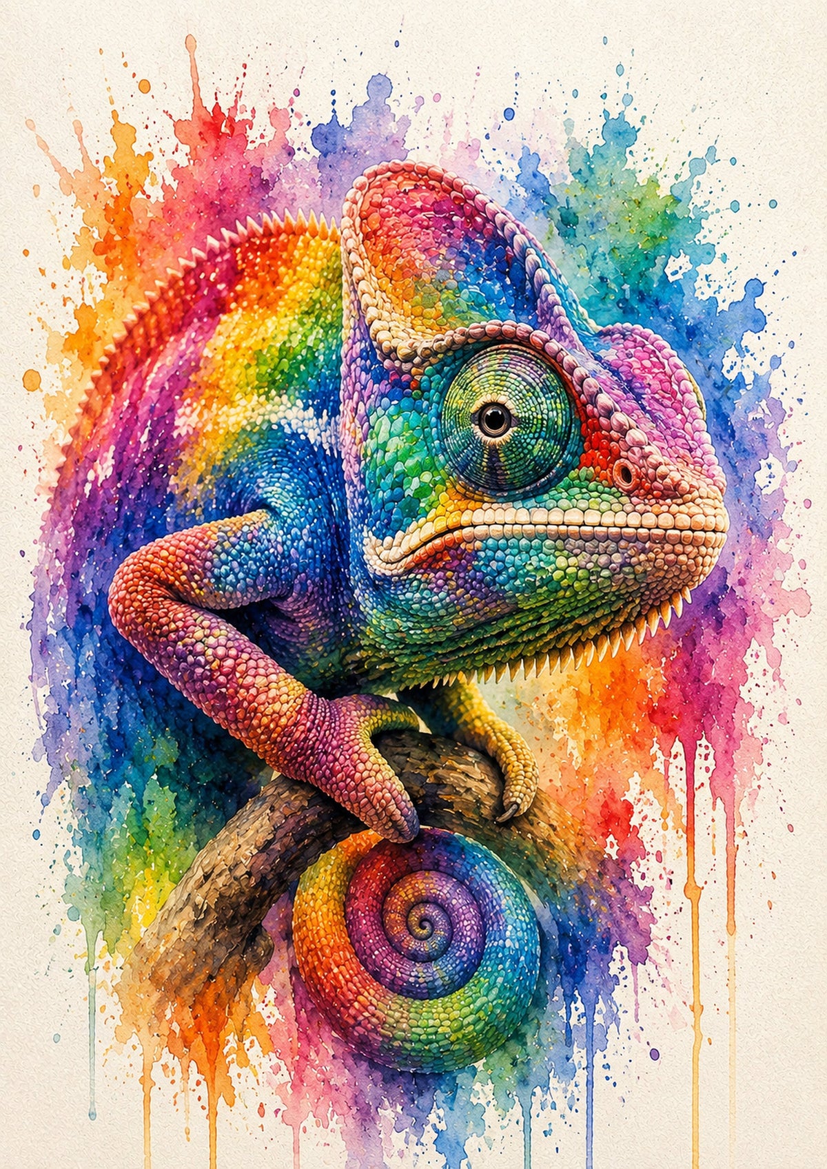 Kaleidoscope Chameleon on a Branch colourful animal watercolour art print by towelme