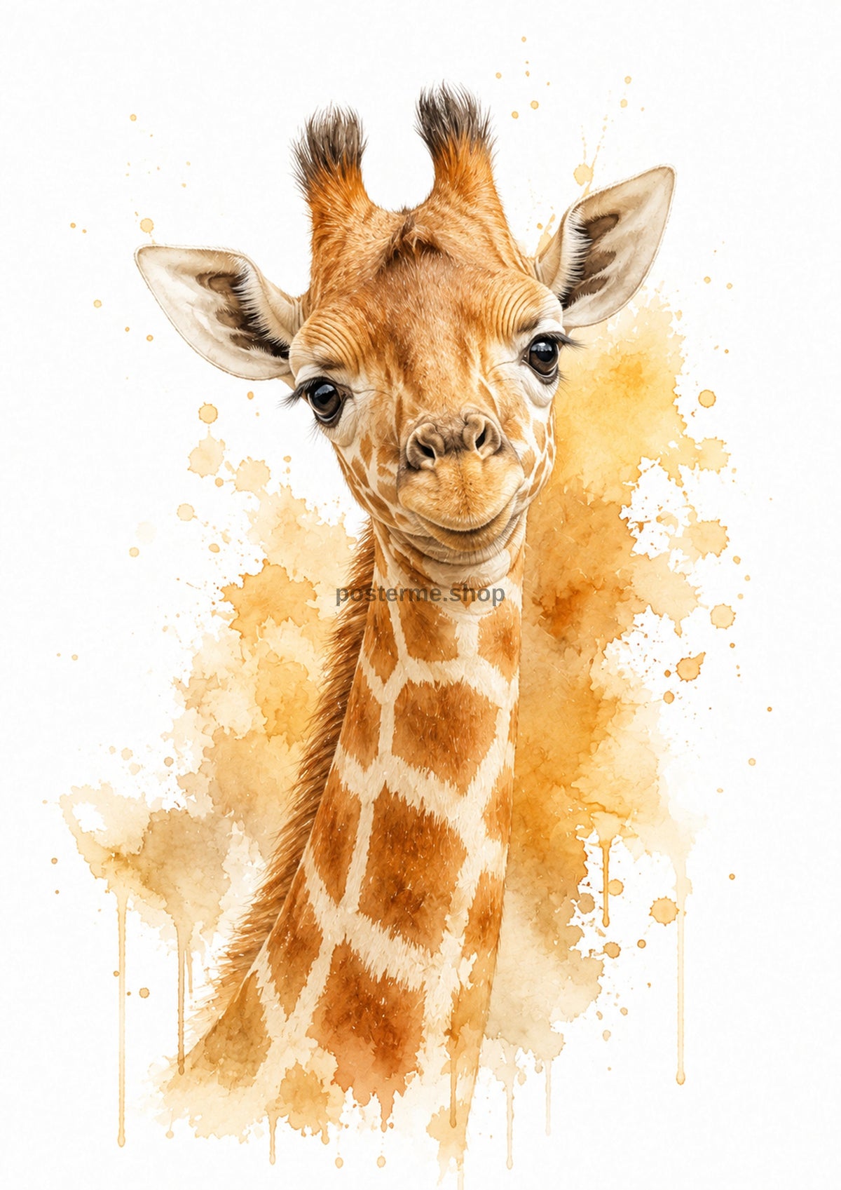 Curious Giraffe Calf in Golden Watercolour colourful animal watercolour art print by towelme