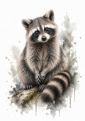 Curious Raccoon in Woodland Watercolour colourful animal watercolour art print by towelme