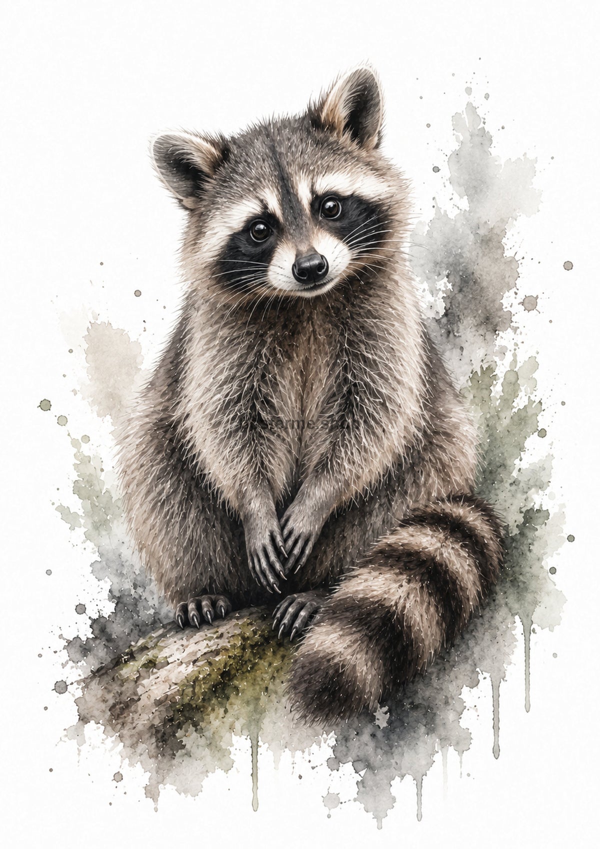 Curious Raccoon in Woodland Watercolour colourful animal watercolour art print by towelme