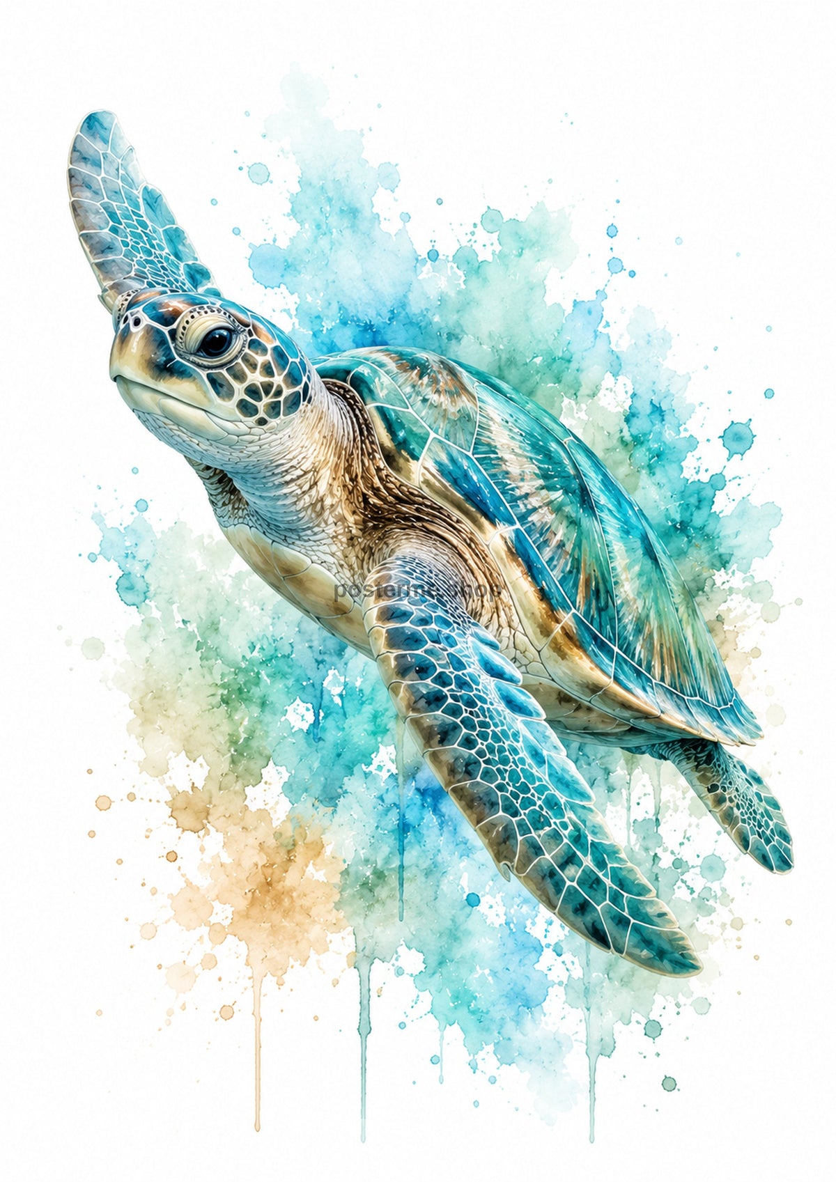 Graceful Sea Turtle in Ocean Watercolour colourful animal watercolour art print by towelme
