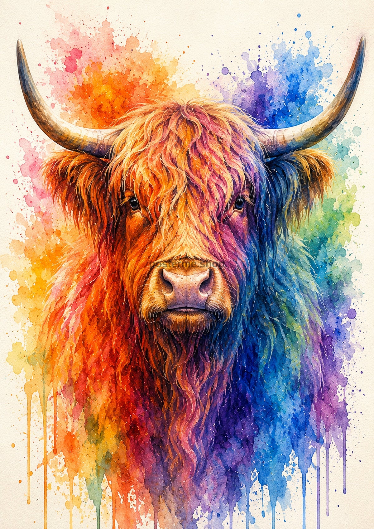 Rainbow Highland Cow Watercolour Portrait colourful animal watercolour art print by towelme