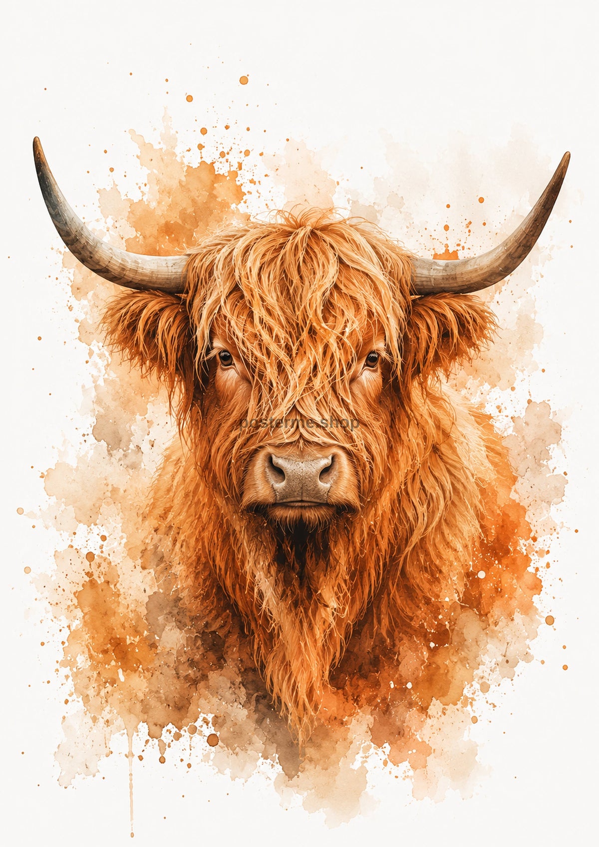 Highland Cow in Burnt Orange Watercolour colourful animal watercolour art print by towelme