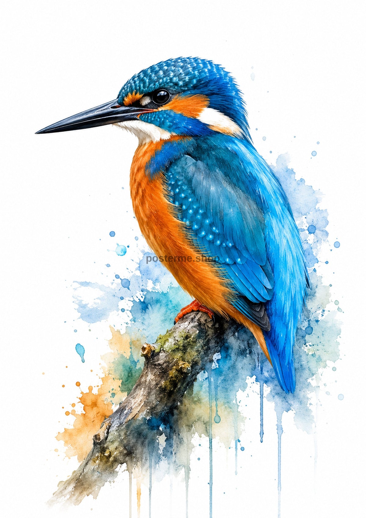 Kingfisher on a Mossy Branch colourful animal watercolour art print by towelme