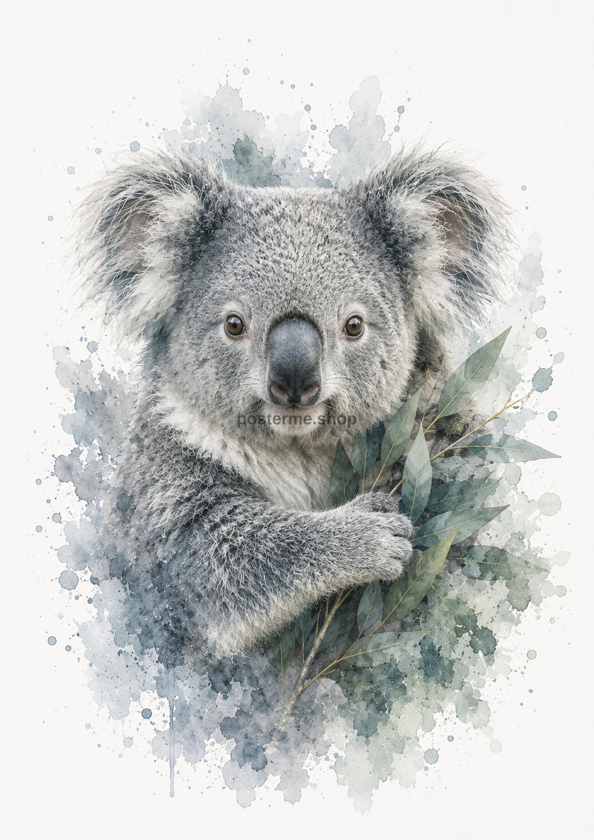 Koala with Eucalyptus in Misty Watercolour colourful animal watercolour art print by towelme