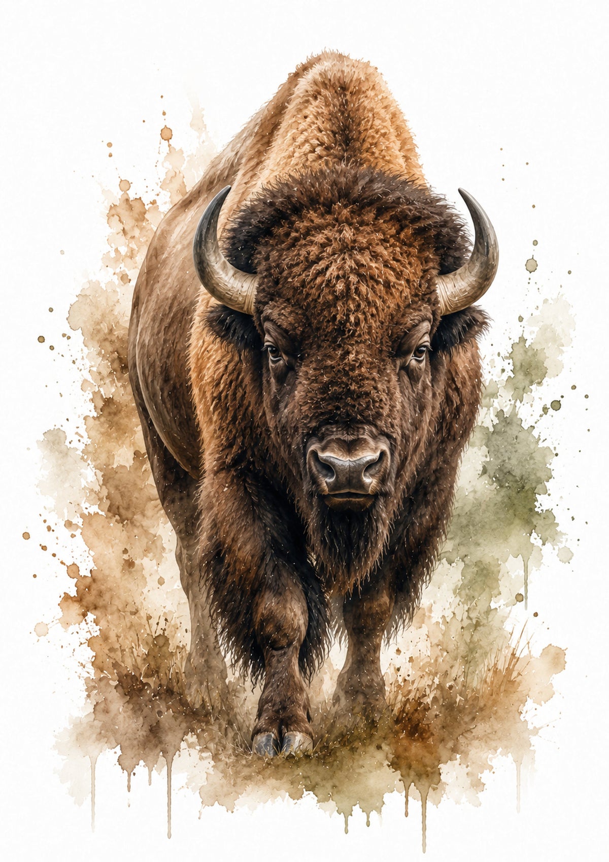 Majestic Bison in Prairie Watercolour colourful animal watercolour art print by towelme