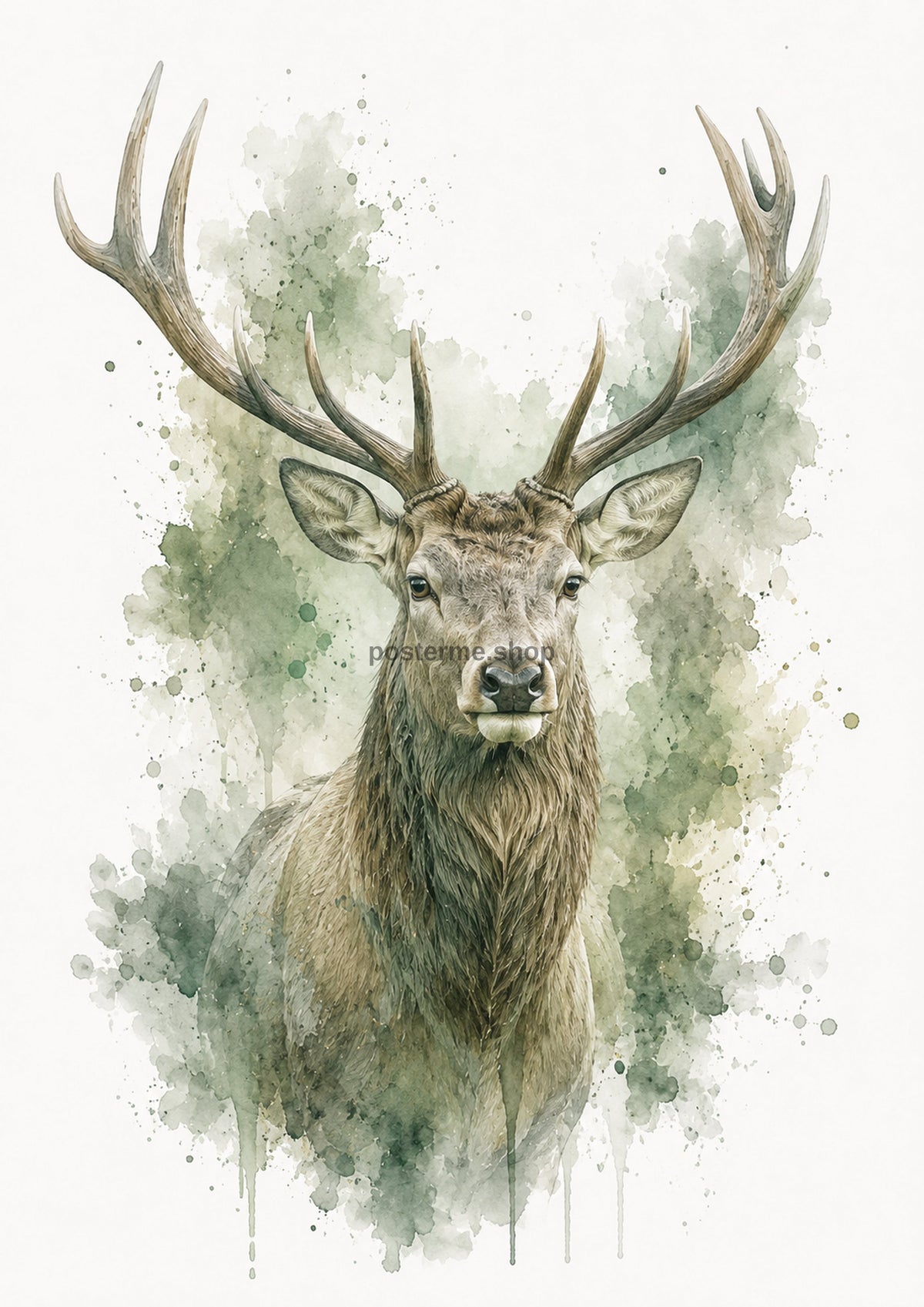 Stag in Sage Forest Watercolour colourful animal watercolour art print by towelme