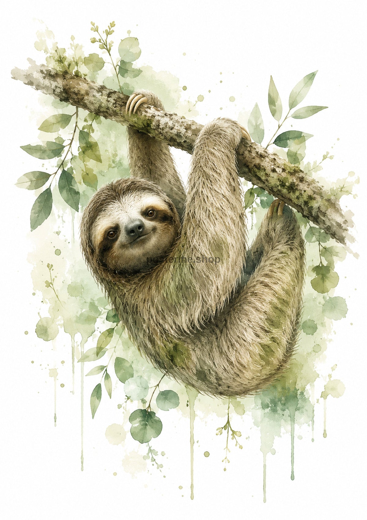 Smiling Sloth in Leafy Watercolour colourful animal watercolour art print by towelme