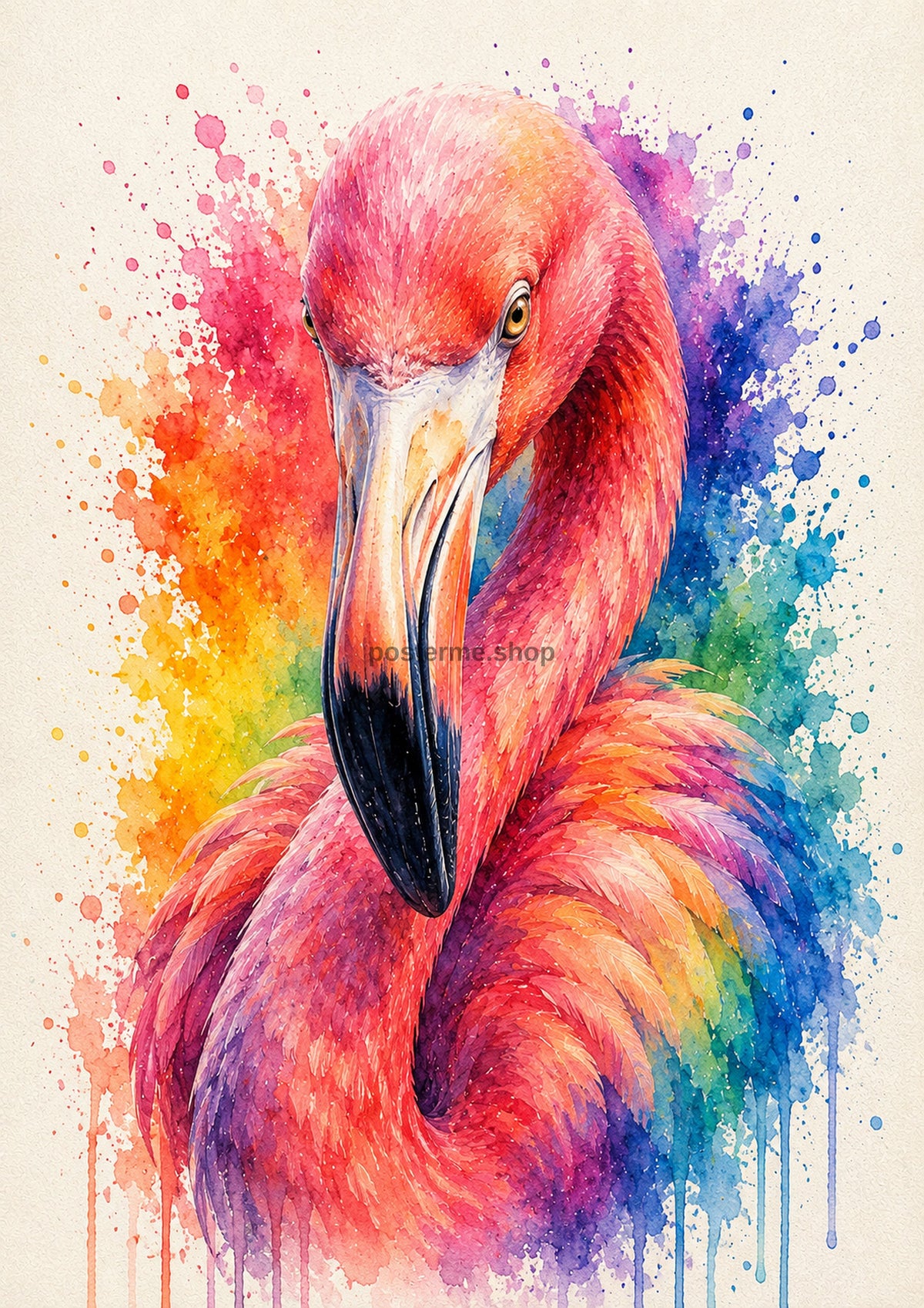 Vibrant Flamingo in Rainbow Watercolour colourful animal watercolour art print by towelme