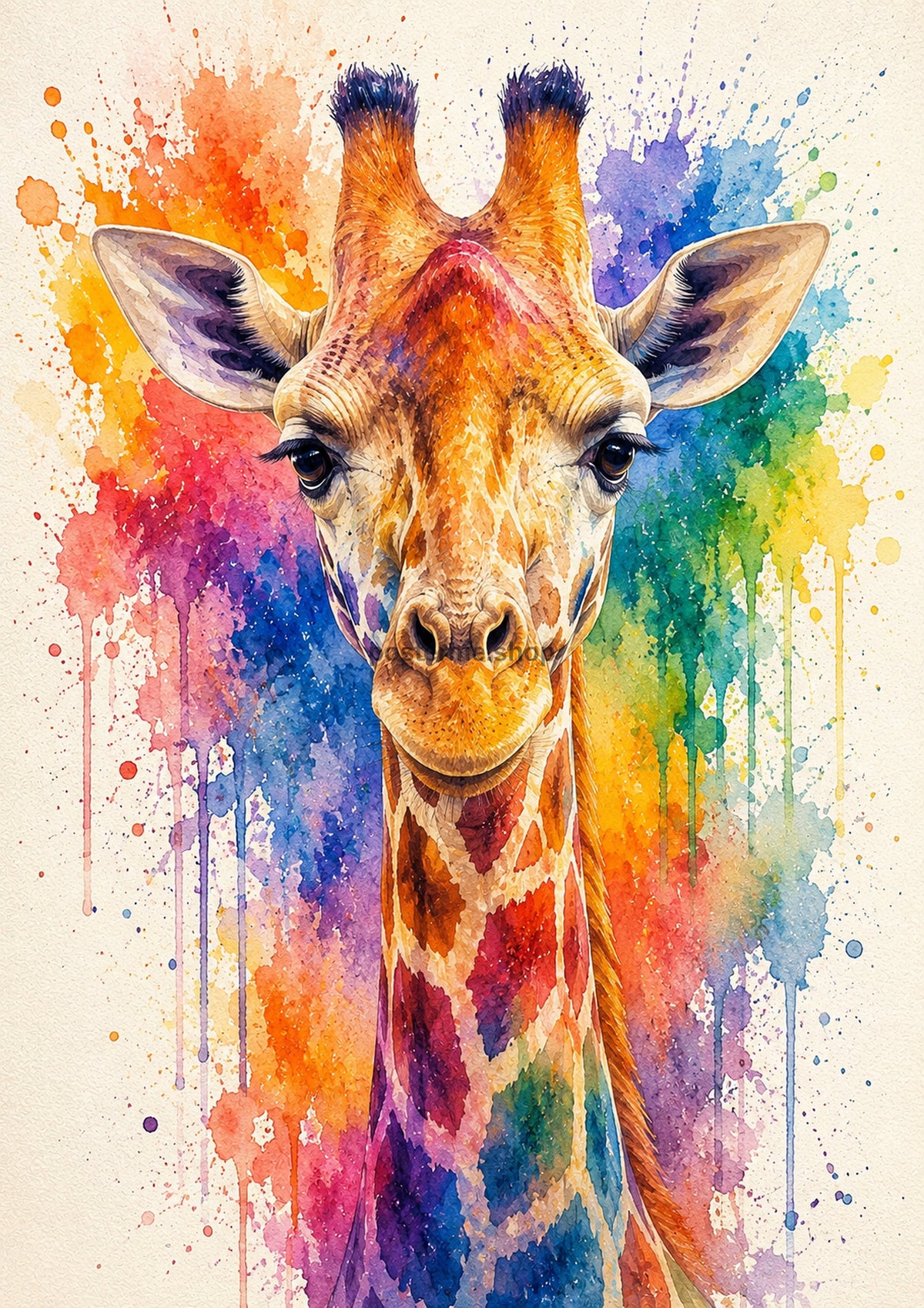Rainbow Giraffe Watercolour Portrait colourful animal watercolour art print by towelme