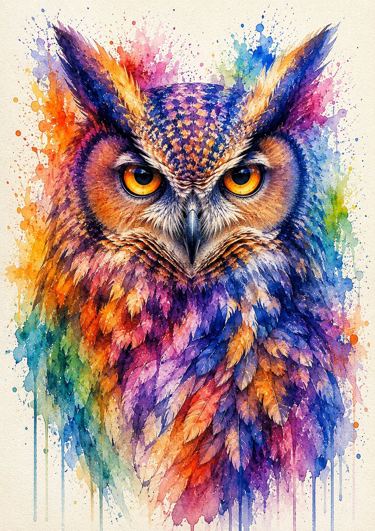 Rainbow Owl Watercolour Portrait colourful animal watercolour art print by towelme