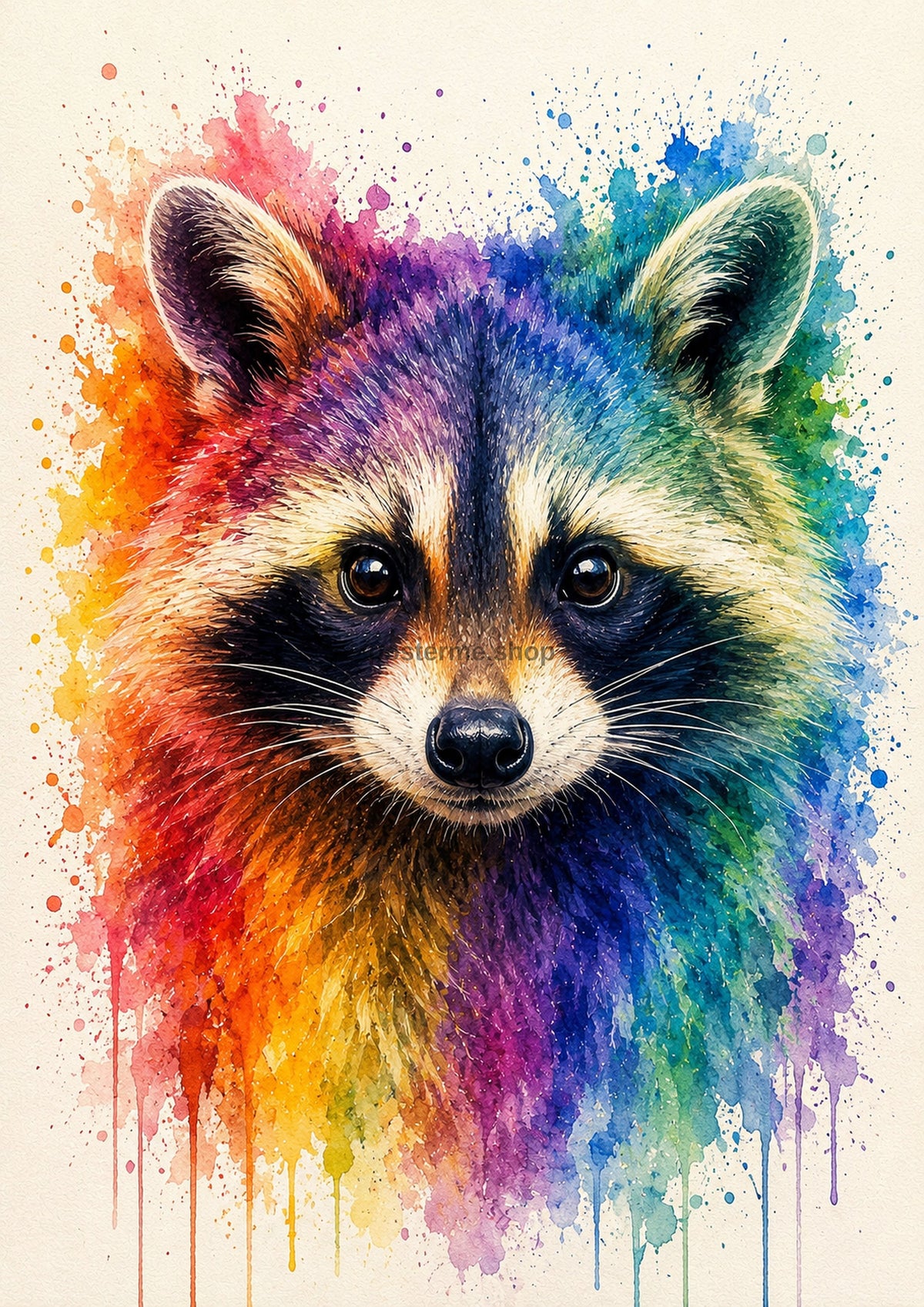 Rainbow Raccoon Watercolour Portrait colourful animal watercolour art print by towelme