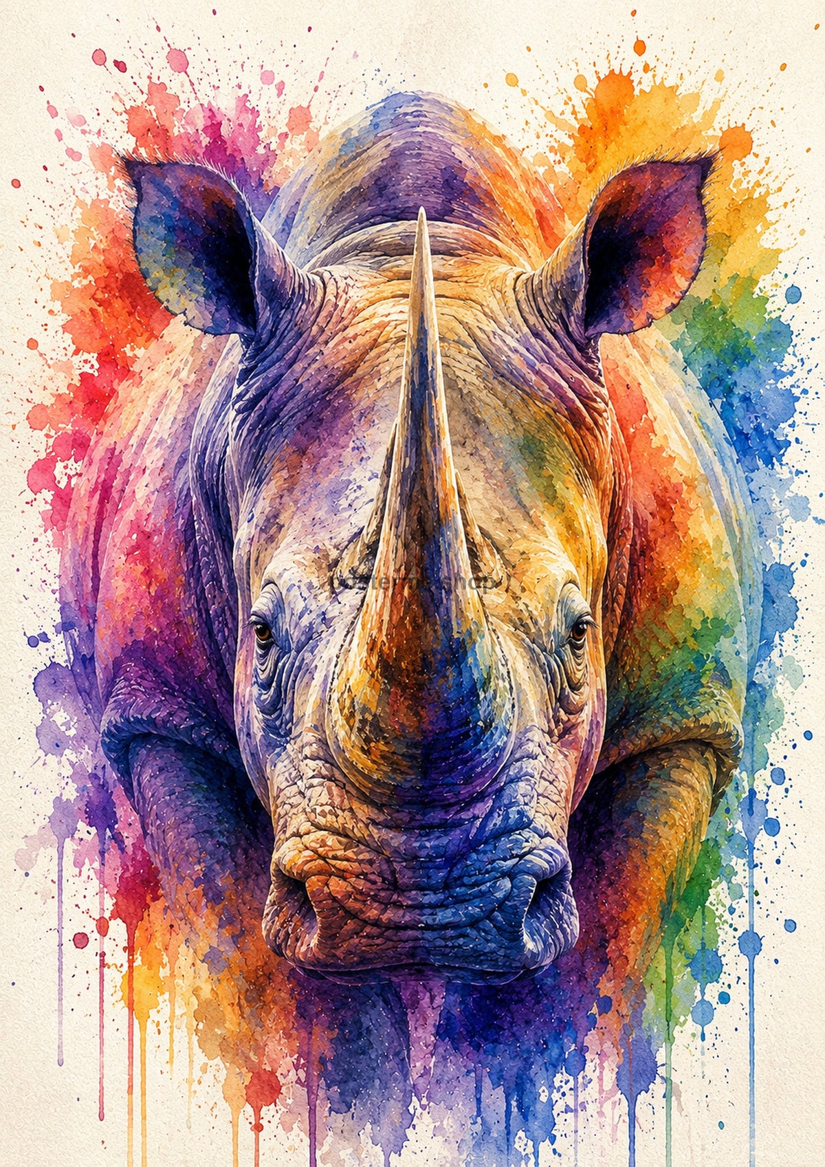 Rainbow Rhinoceros Watercolour Portrait colourful animal watercolour art print by towelme