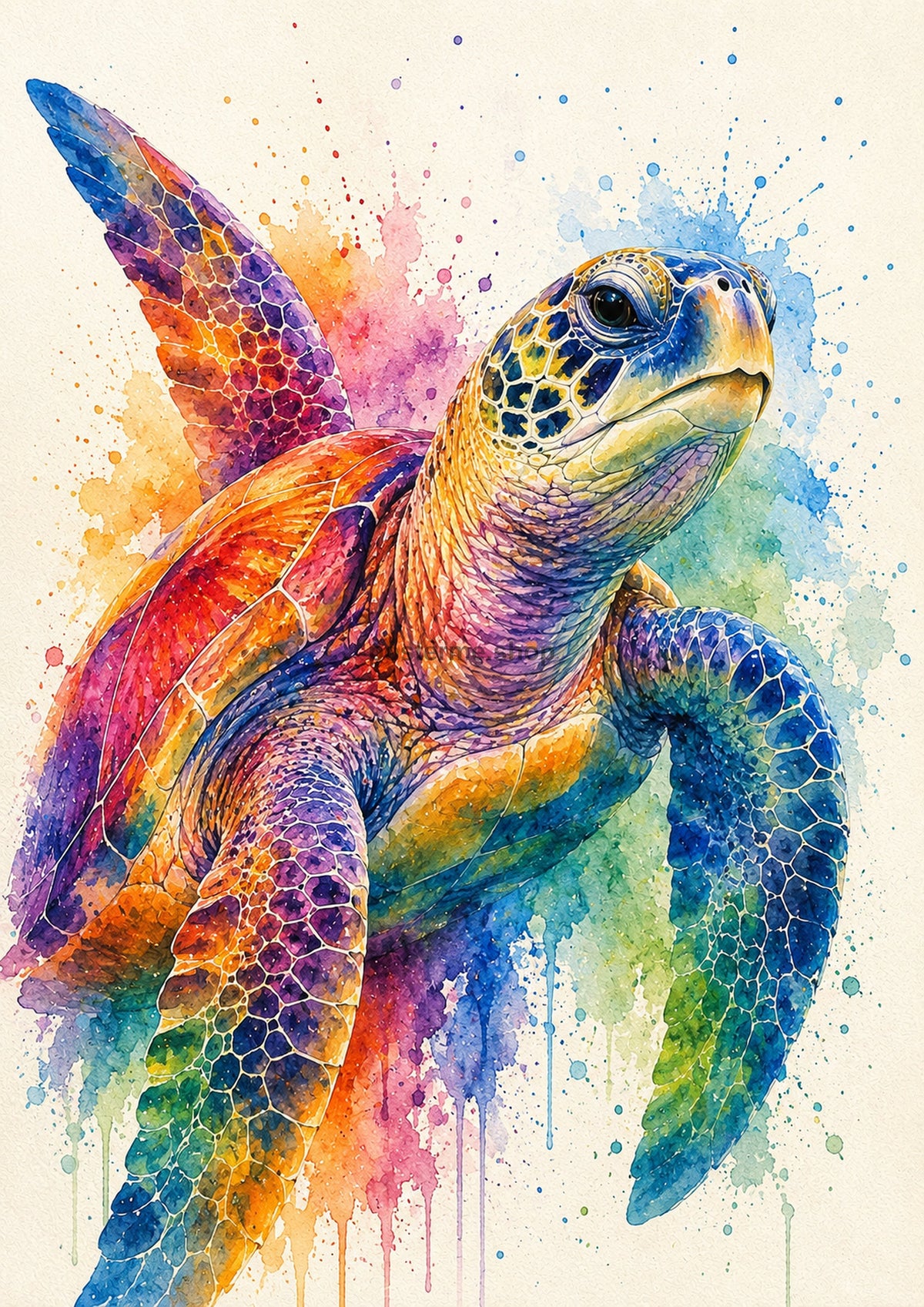 Vibrant Sea Turtle in Rainbow Watercolour colourful animal watercolour art print by towelme