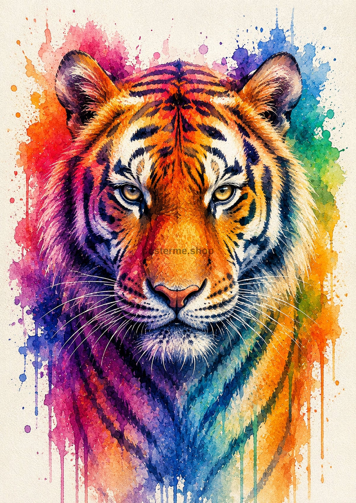 Rainbow Tiger Watercolour Portrait colourful animal watercolour art print by towelme