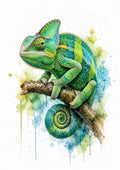 Emerald Chameleon on a Textured Branch colourful animal watercolour art print by towelme