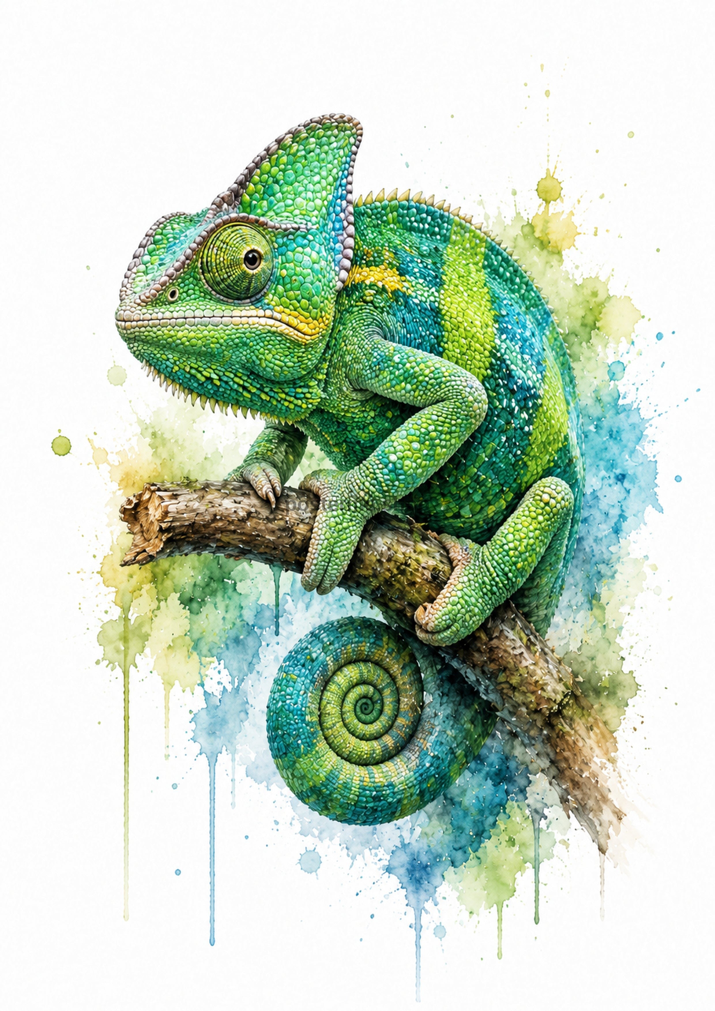 Emerald Chameleon on a Textured Branch colourful animal watercolour art print by towelme