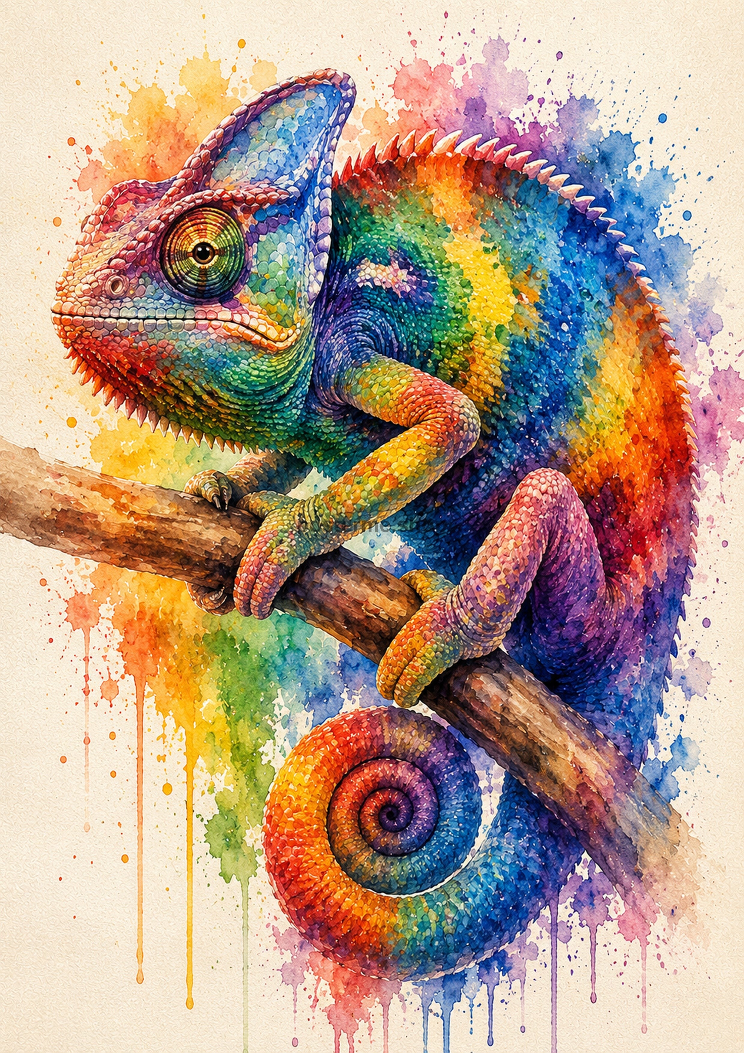 Rainbow Chameleon on a Watercolour Branch colourful animal watercolour art print by towelme
