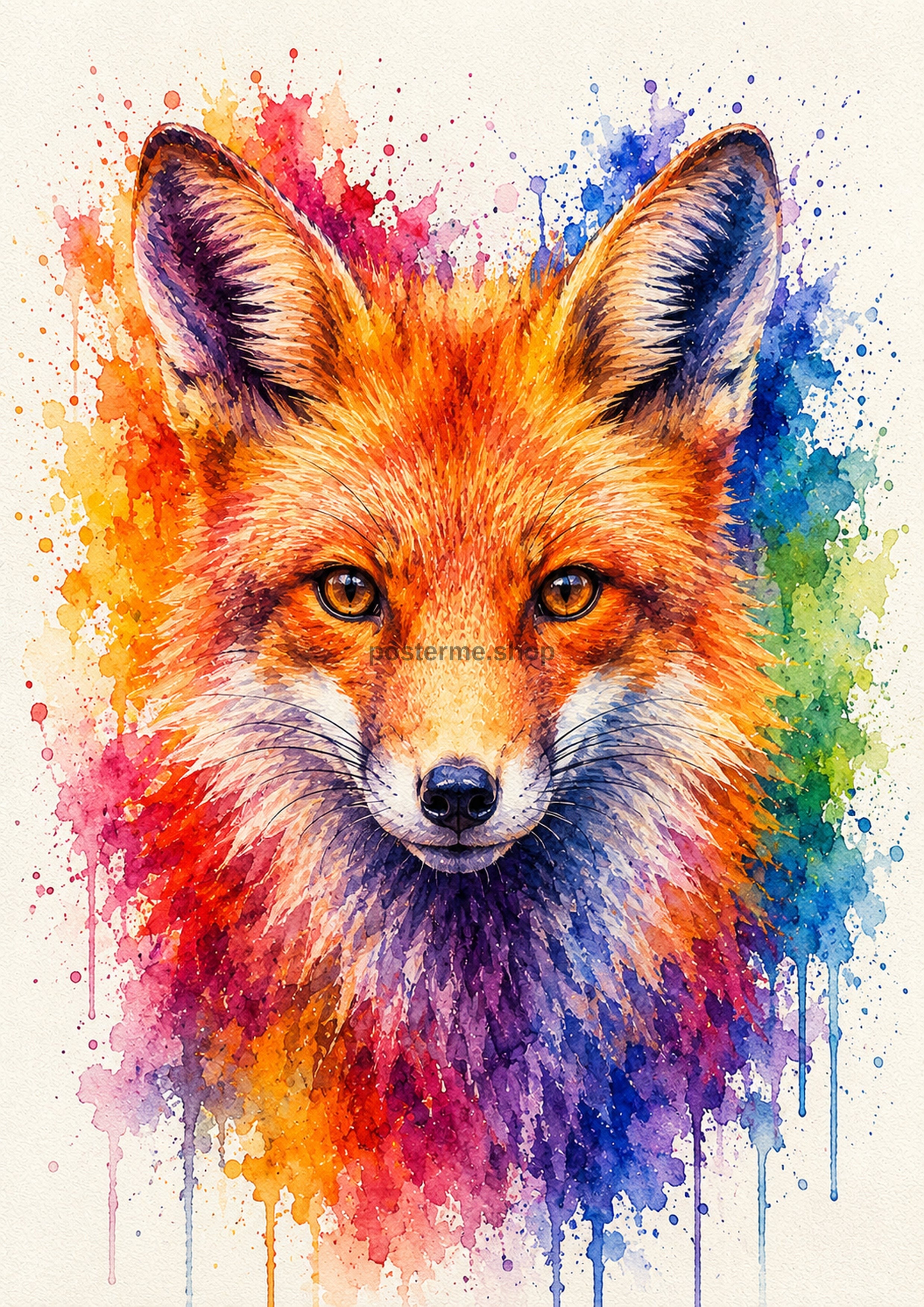 Rainbow Fox Watercolour Portrait colourful animal watercolour art print by towelme