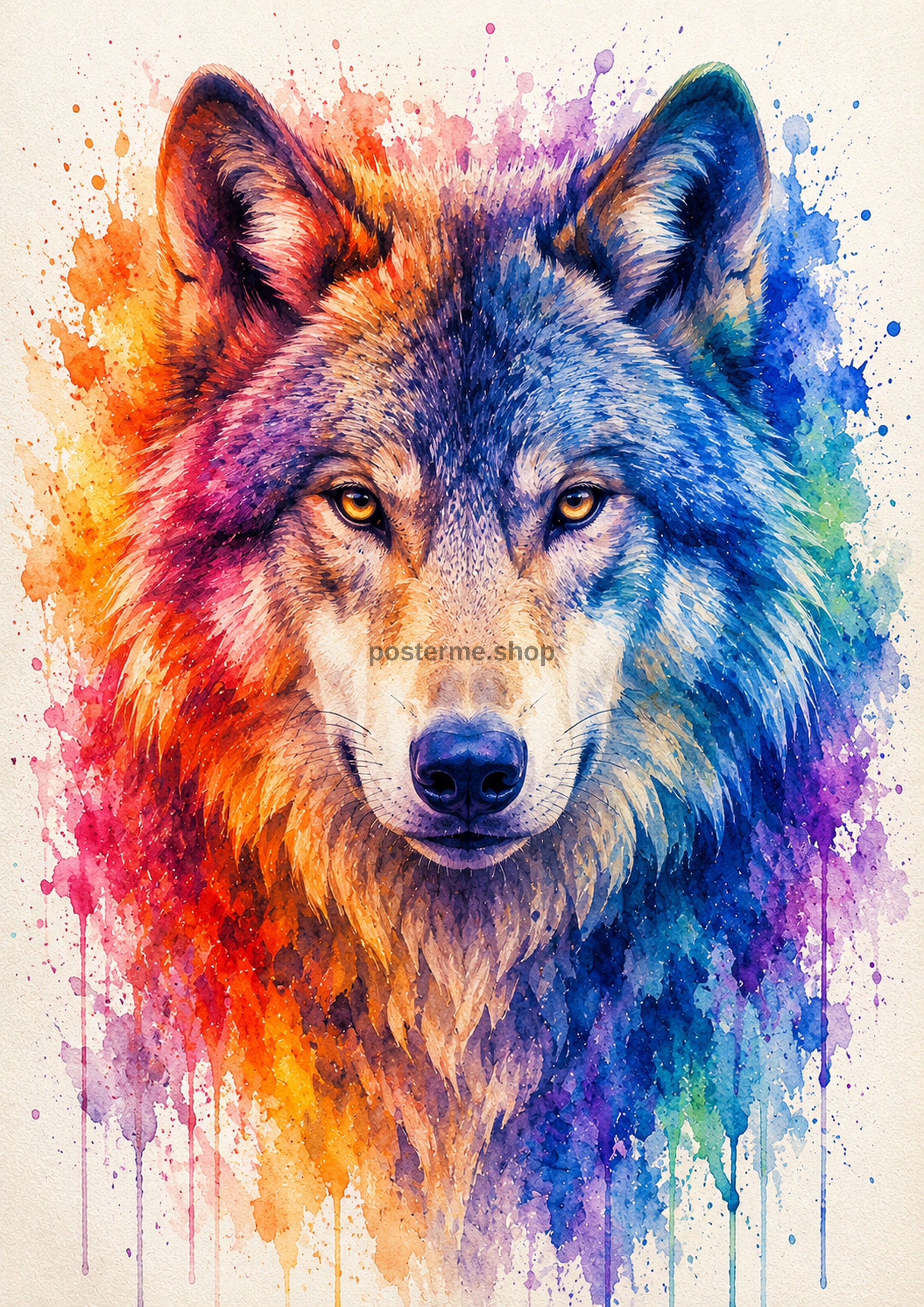 Rainbow Wolf Watercolour Portrait colourful animal watercolour art print by towelme