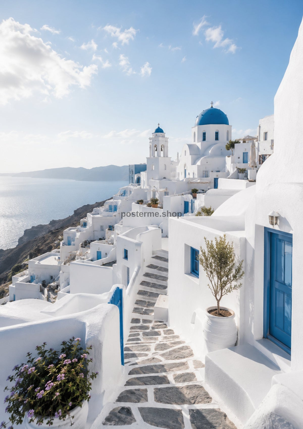Sunlit Greek Coastal Village architecture art print by towelme