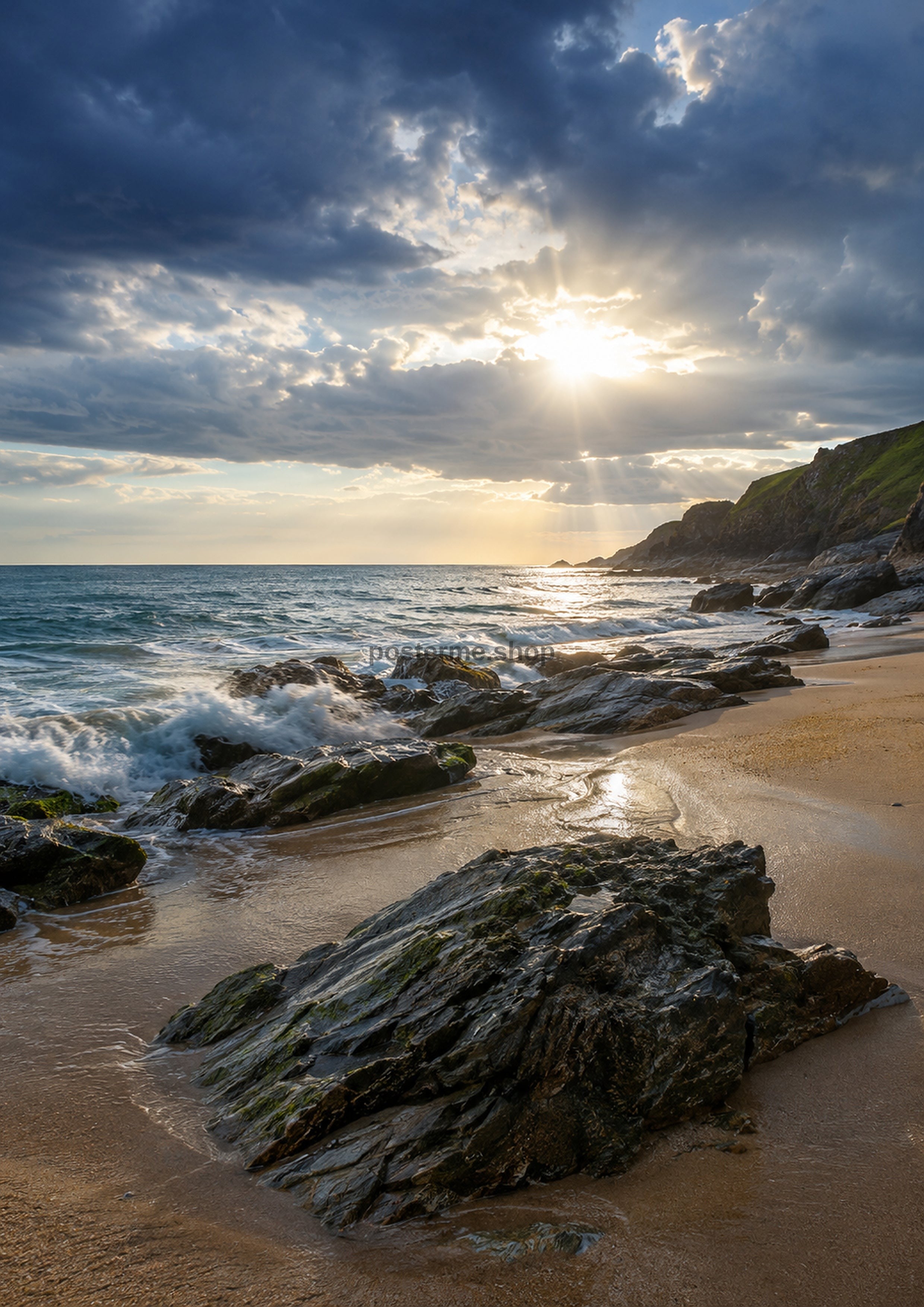 Stormy Coast With Golden Sunlight Beams coastal art print by towelme