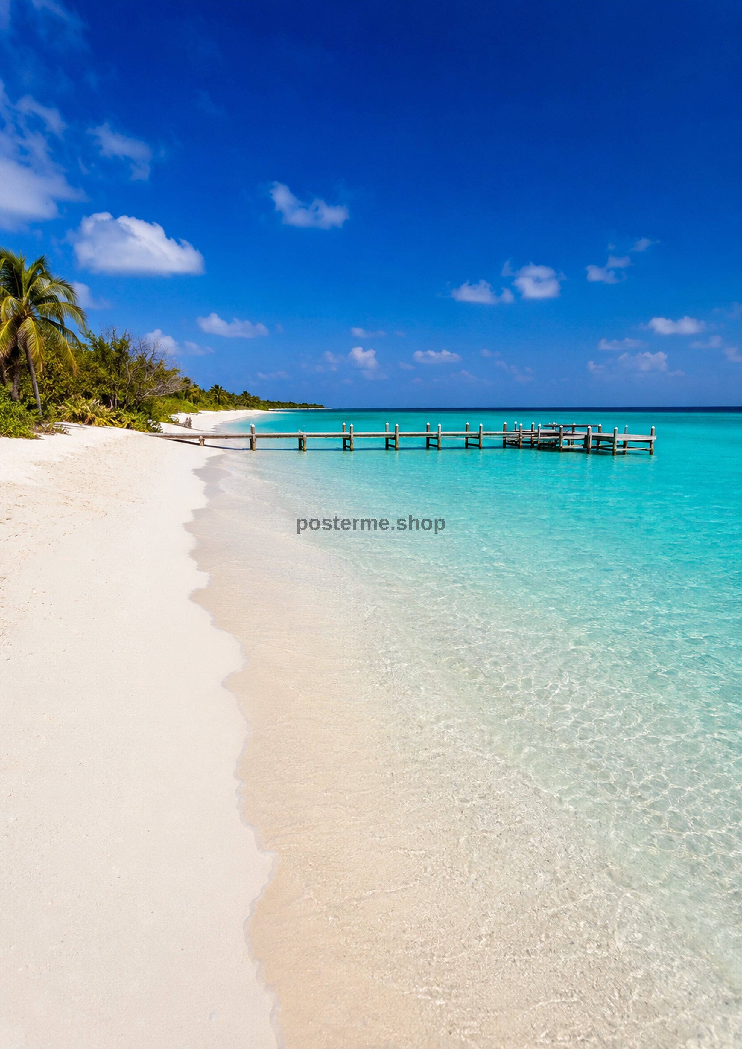 Tropical Beach With Pier And Palm Trees coastal art print by towelme