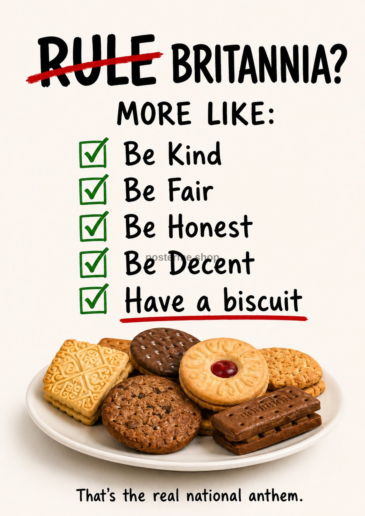 Be Kind, Have a Biscuit funny British quote art print by towelme