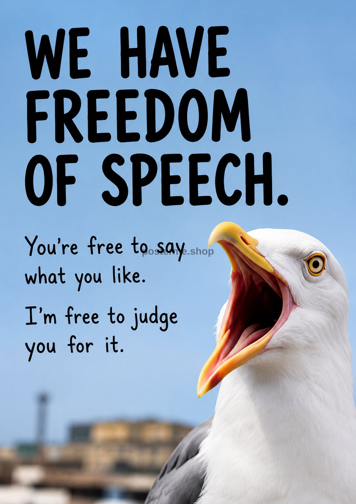 Freedom of Speech with a Squawk funny British quote art print by towelme