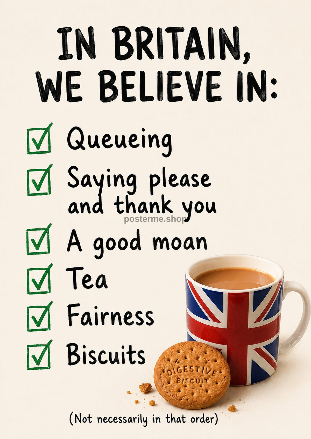 In Britain, We Believe in Tea funny British quote art print by towelme