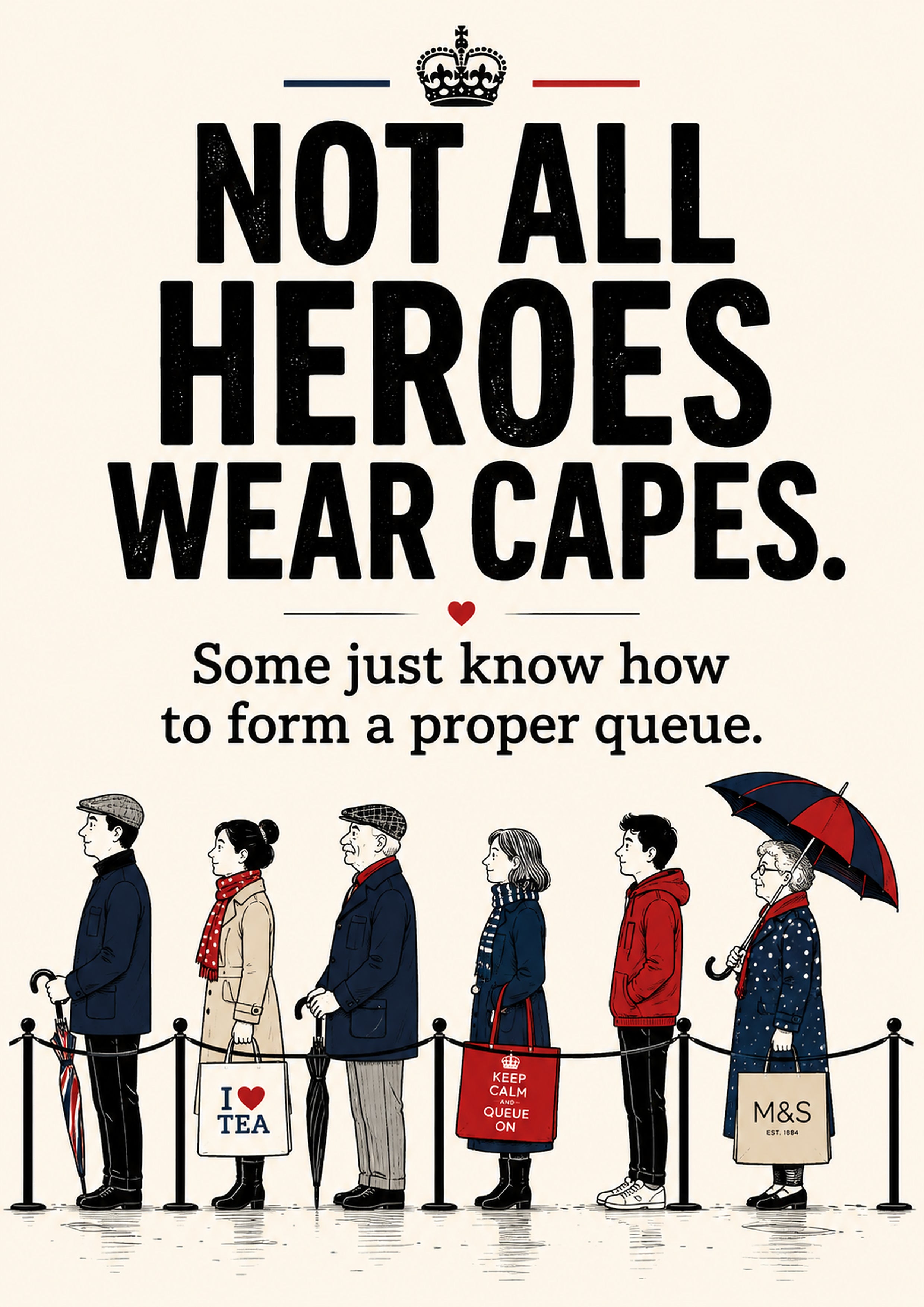 Not All Heroes Queue Patiently funny British quote art print by towelme