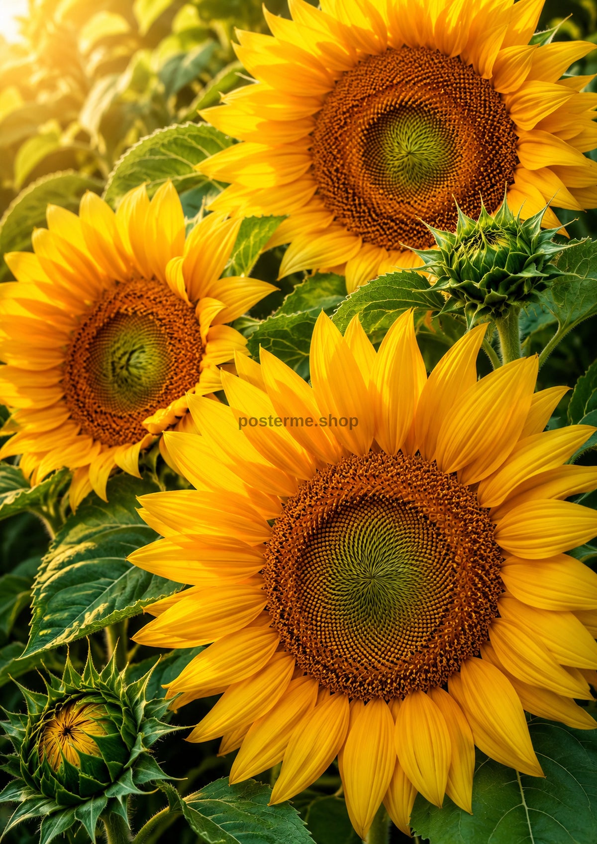 Golden Sunflower Faces in Evening Light botanical wall print by towelme