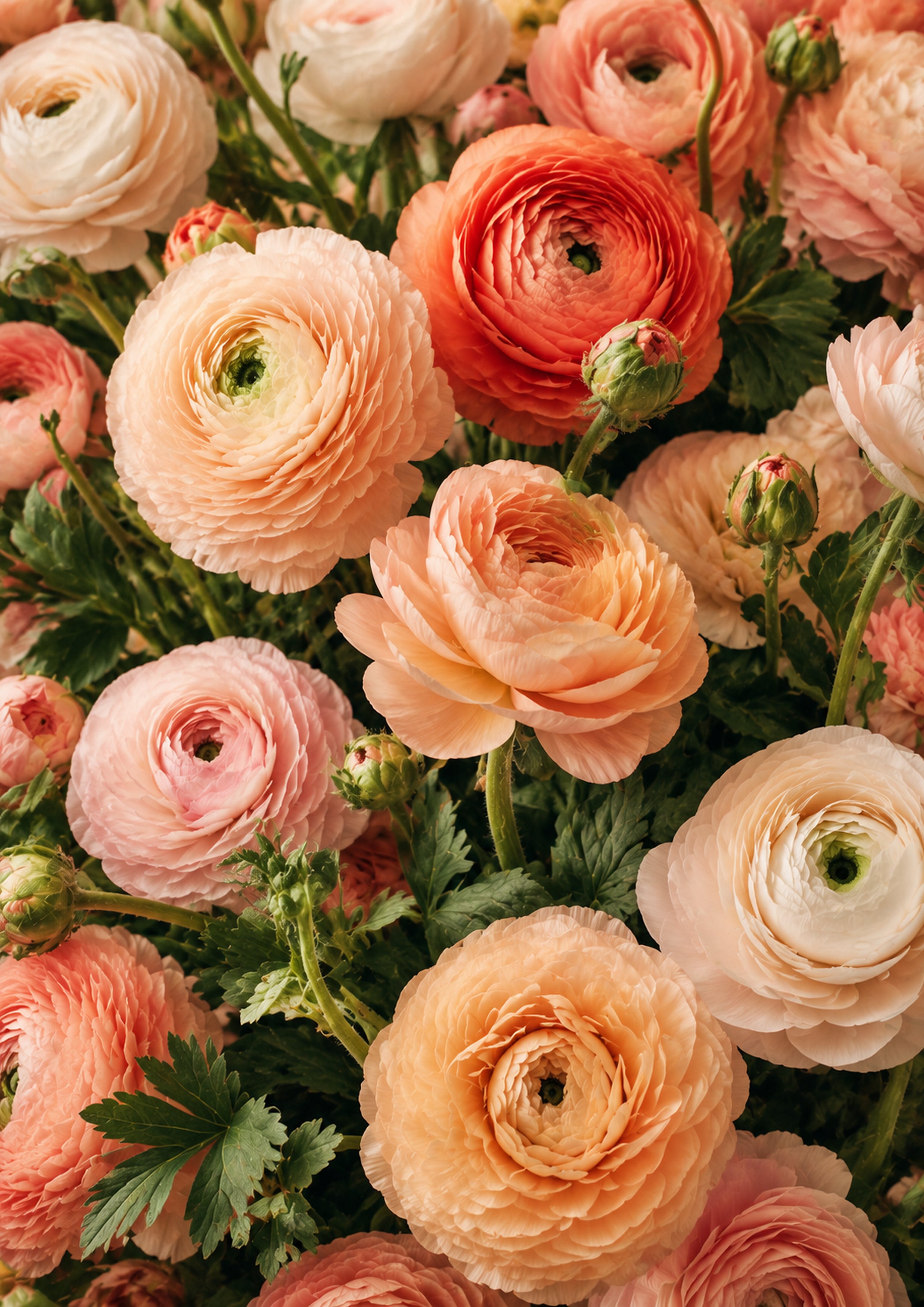 Coral Ranunculus Garden in Full Bloom botanical wall print by towelme
