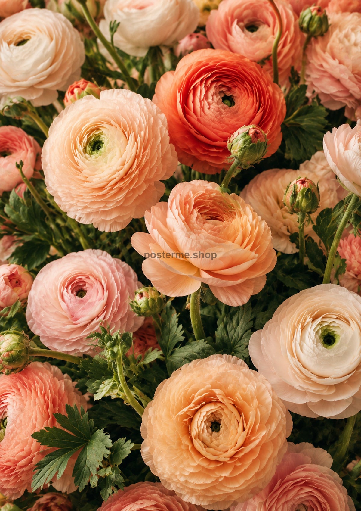 Coral Ranunculus Garden in Full Bloom botanical wall print by towelme