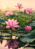 Pink Lotus Pond at Amber Sunrise botanical wall print by towelme