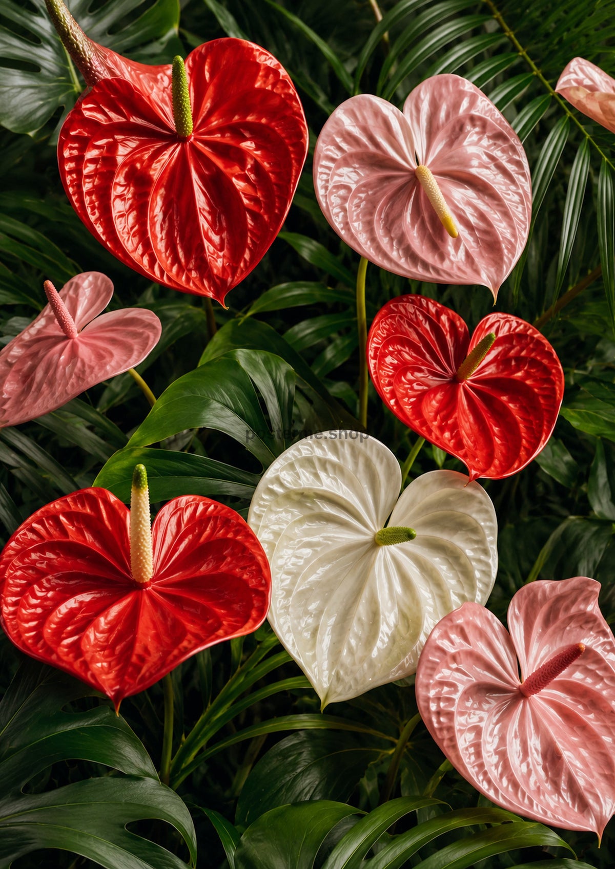 Scarlet Anthuriums in Tropical Green botanical wall print by towelme