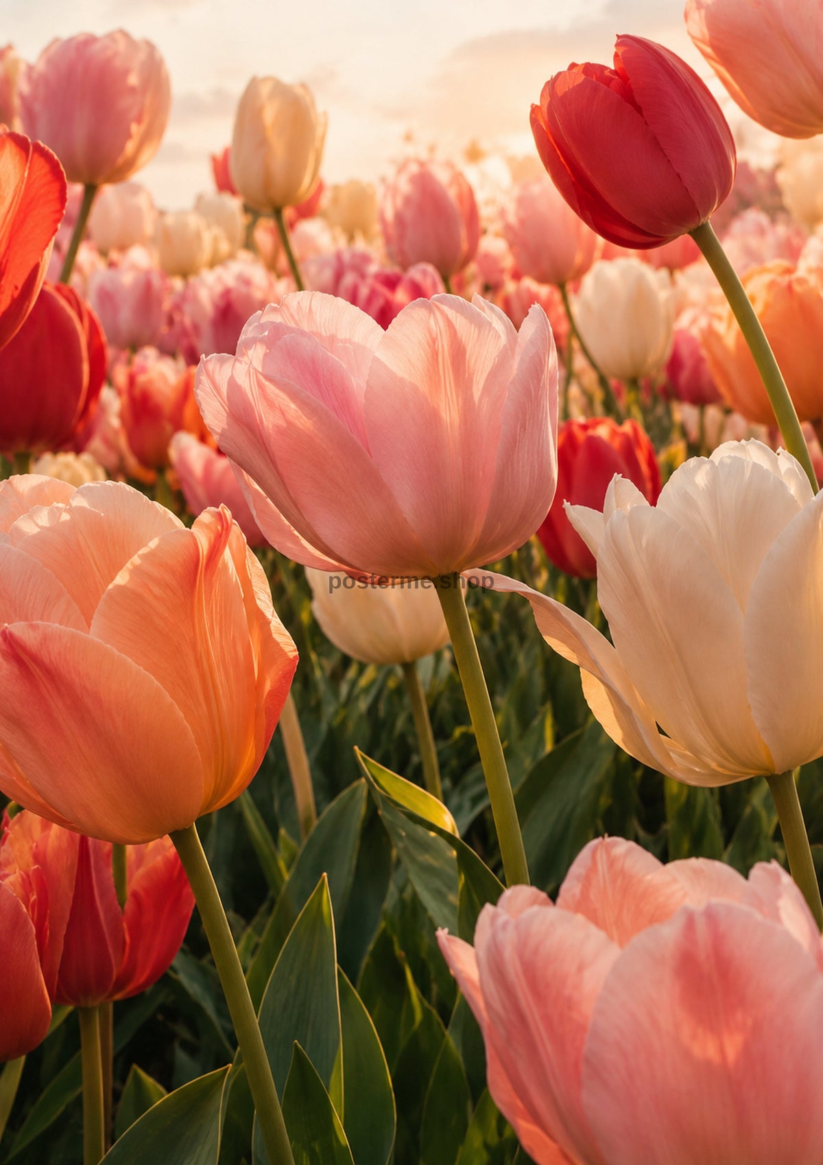Pastel Tulip Field in Golden Spring botanical wall print by towelme