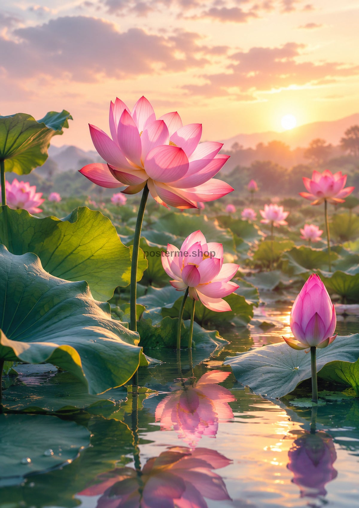 Lotus Reflections at Sunset botanical wall print by towelme