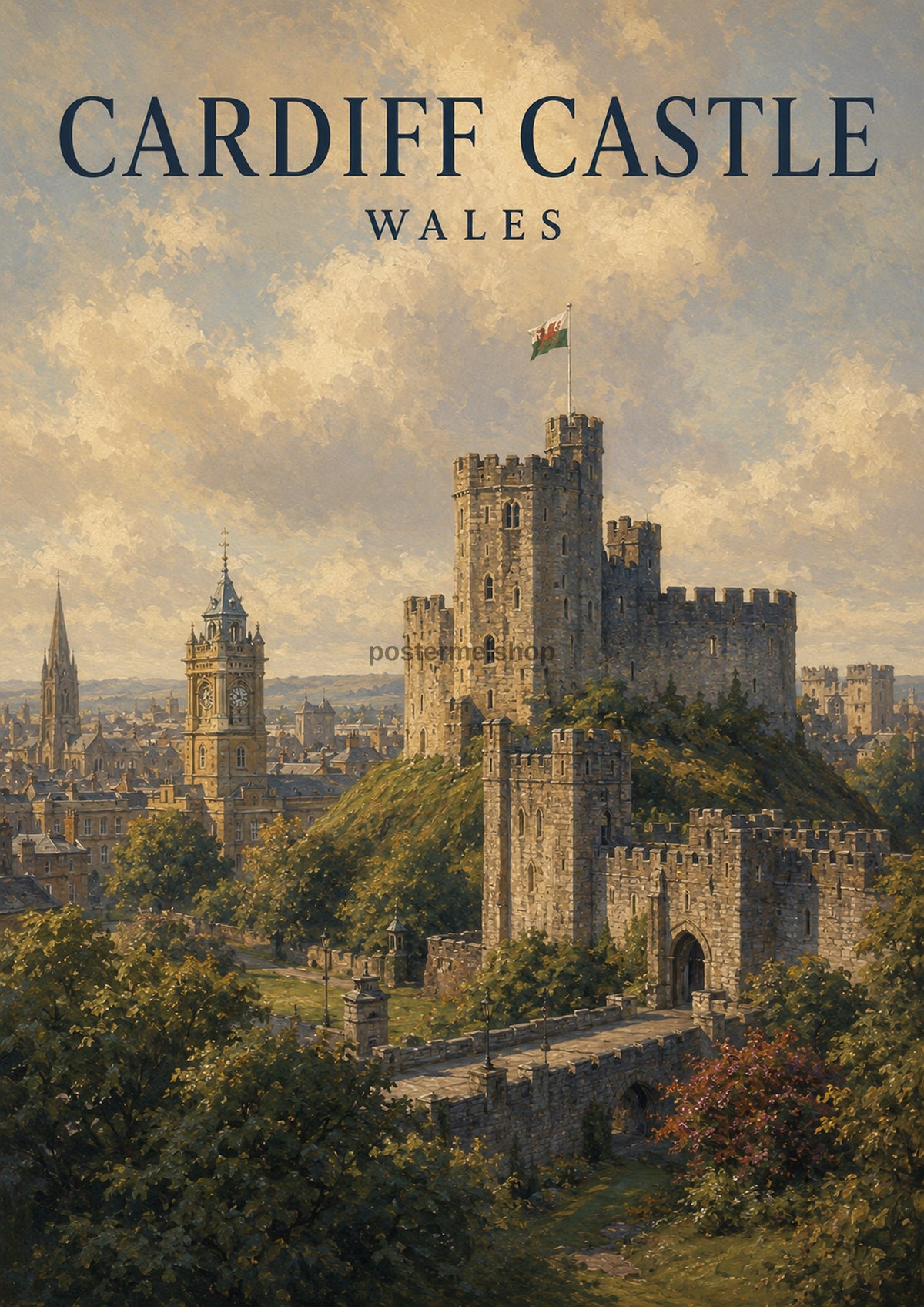 Cardiff Castle and Cityscape in Autumn British travel art print by towelme