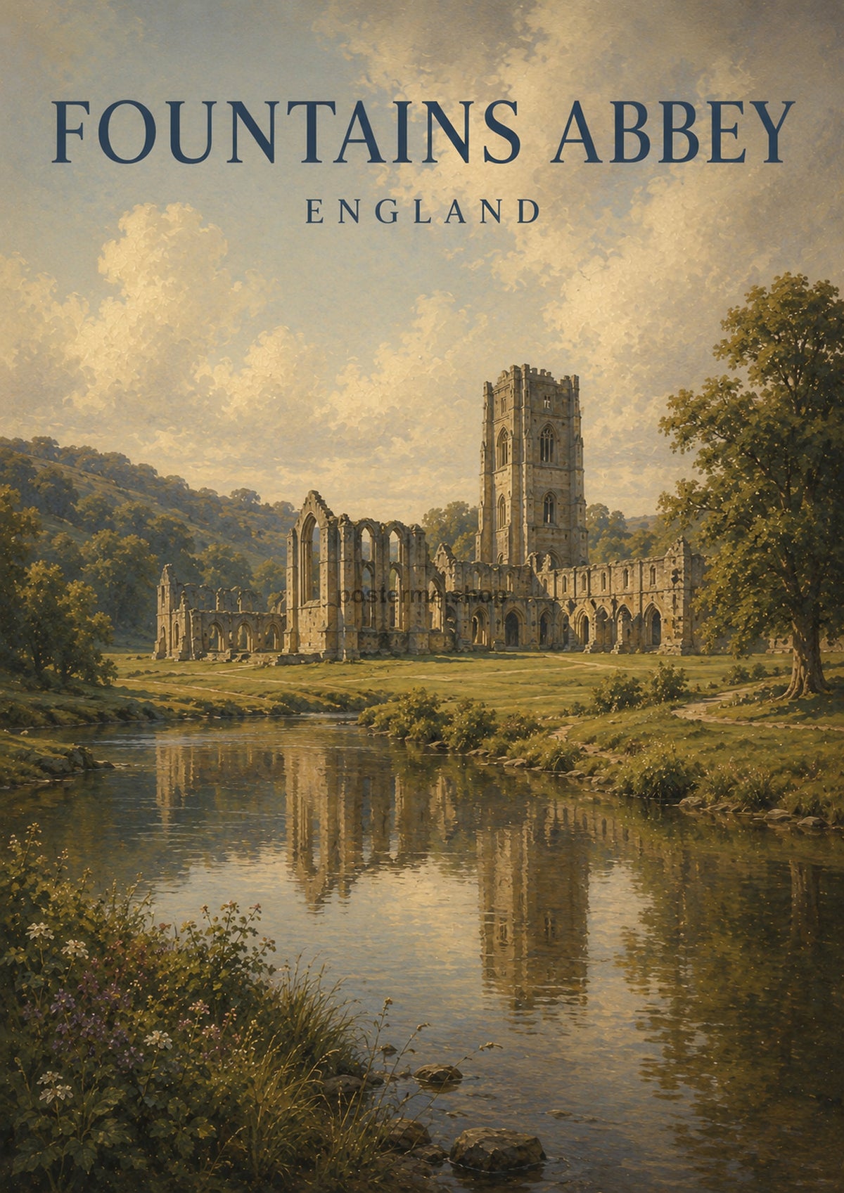 Fountains Abbey by the River British travel art print by towelme