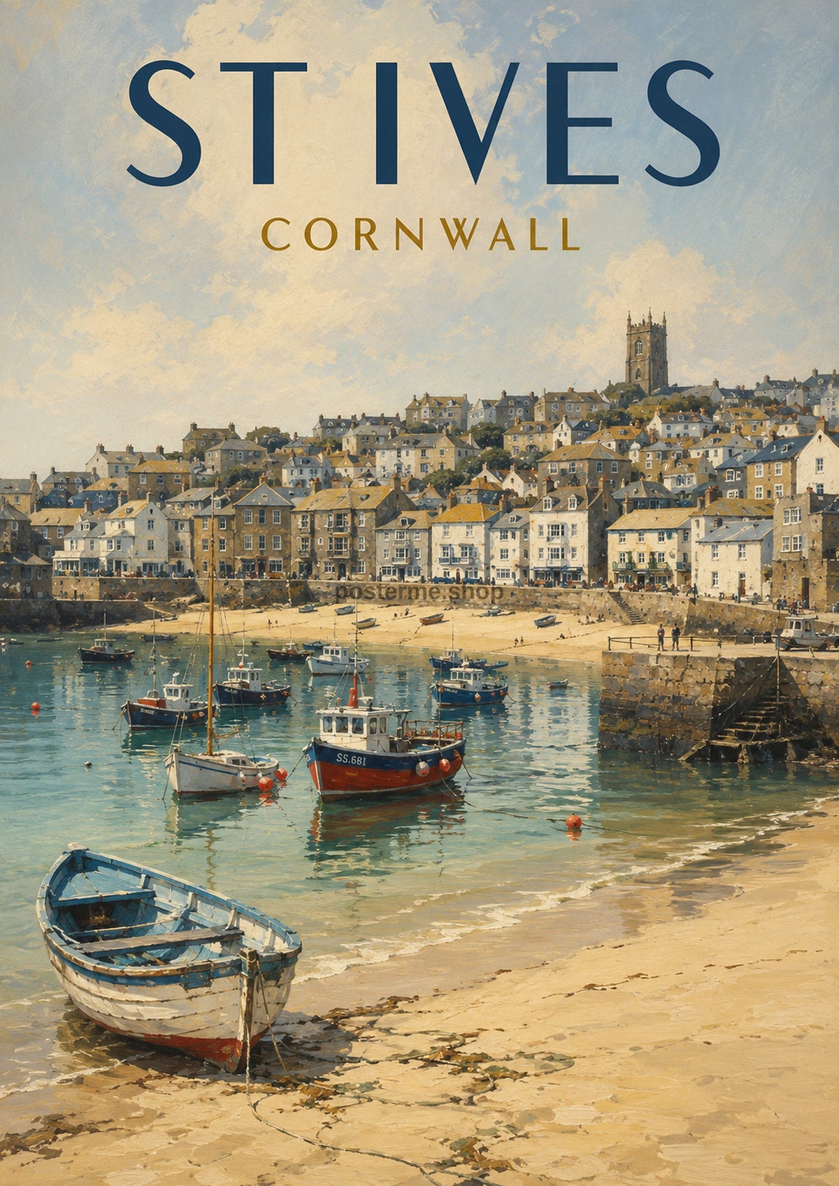 St Ives Harbour and Beach British travel art print by towelme