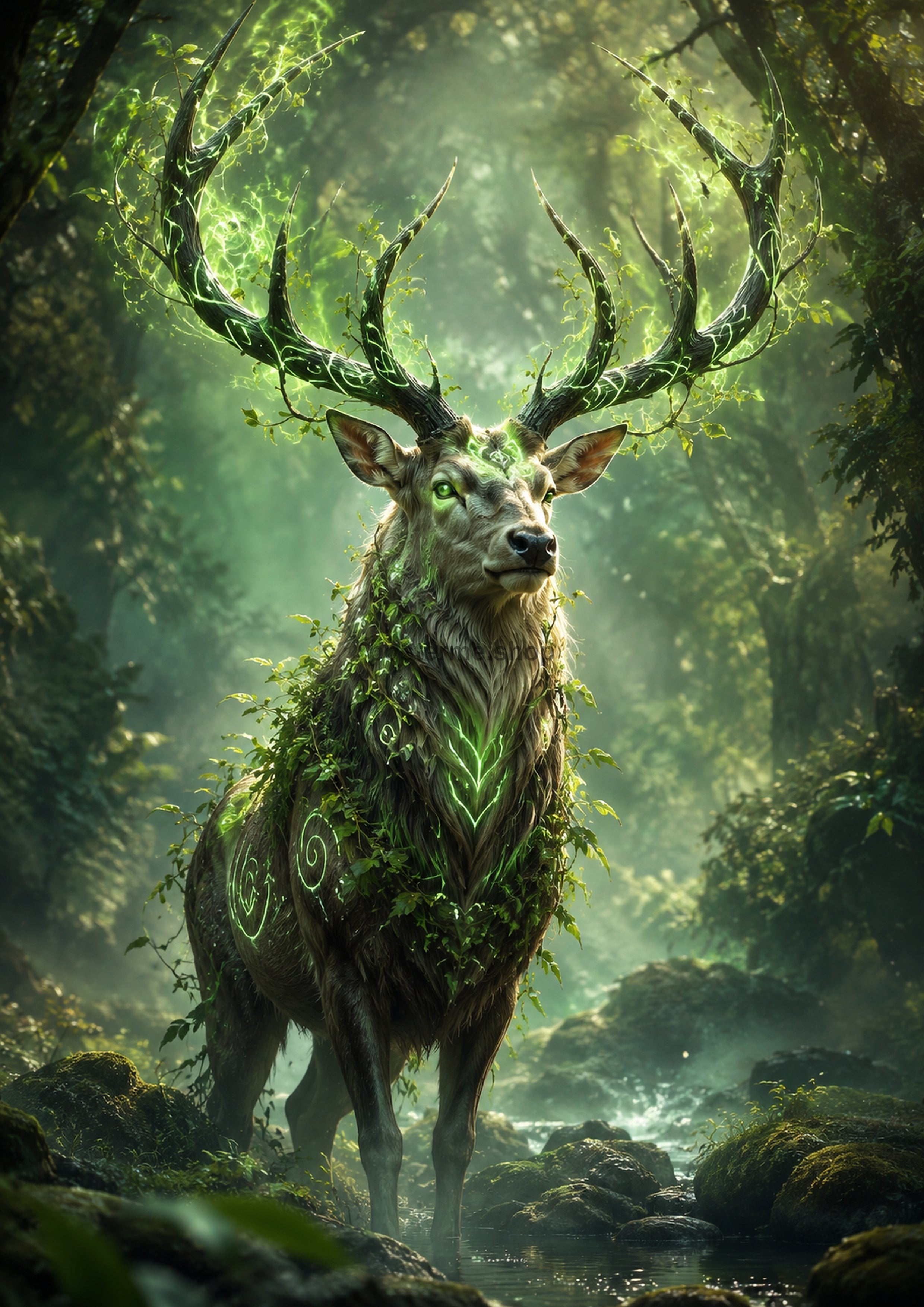 The Emerald Stag of the Enchanted Wood fantasy creature wall print by PosterMe.shop