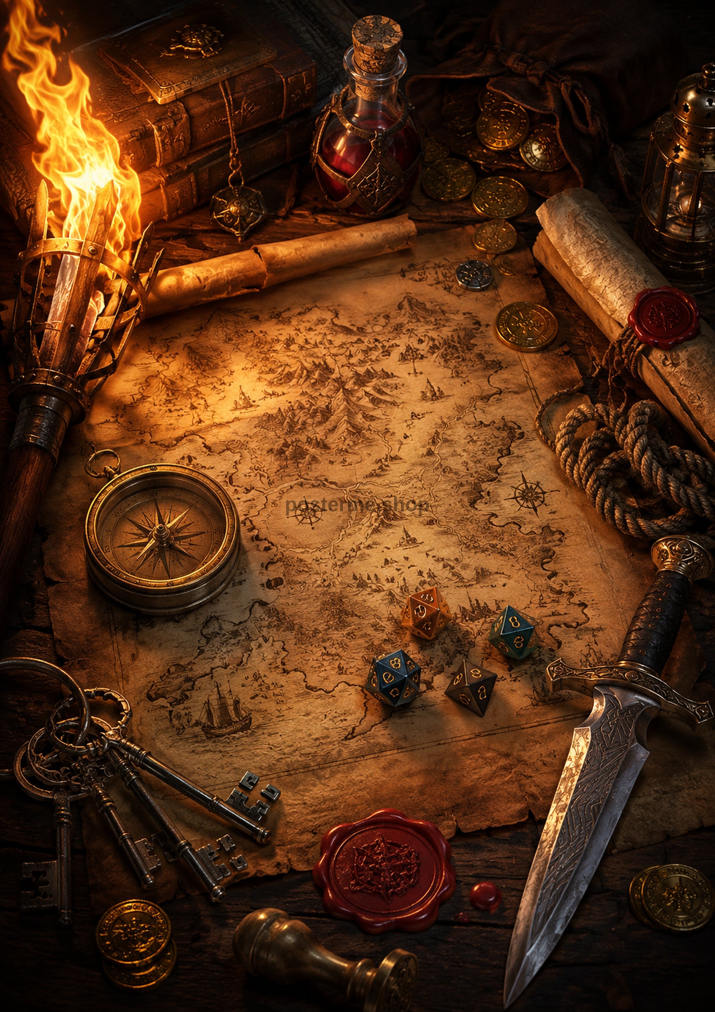 The Adventurer's Map and Hidden Keys fantasy map and artefact wall print by PosterMe.shop