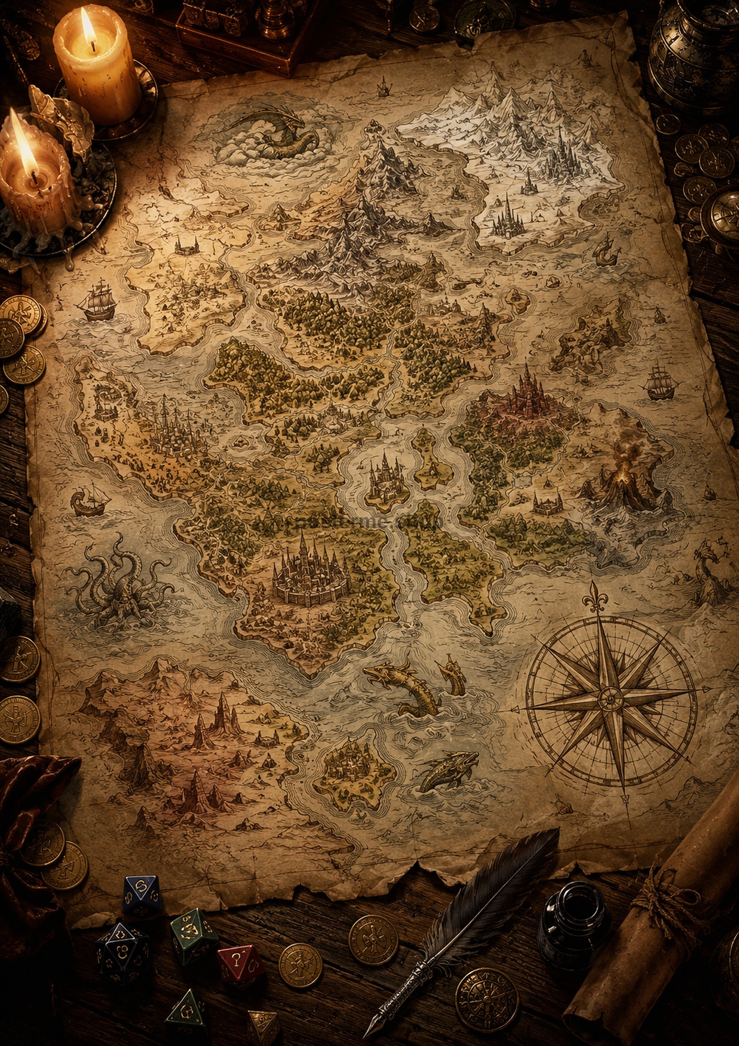 The Cartographer's Grand Fantasy Map fantasy map and artefact wall print by PosterMe.shop