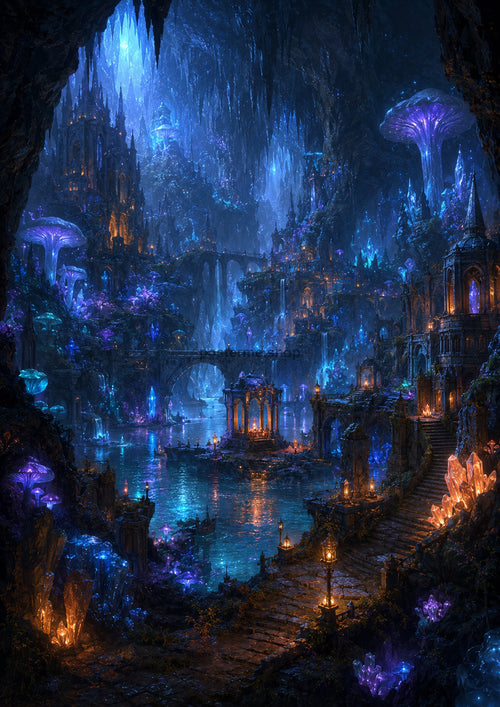 Bioluminescent City Beneath the Earth fantasy landscape wall print by PosterMe.shop