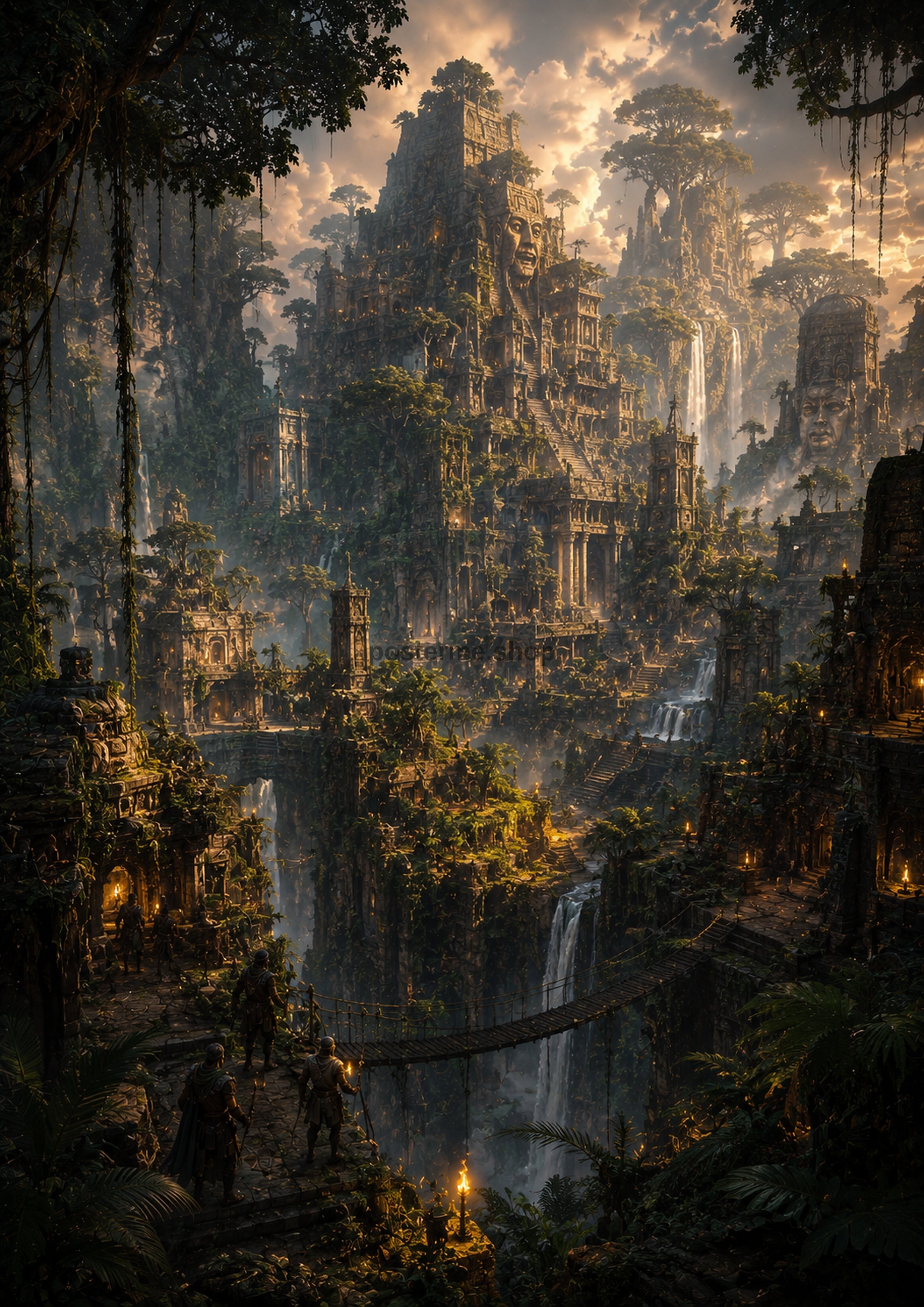 Ancient Jungle City at Sunrise fantasy landscape wall print by PosterMe.shop