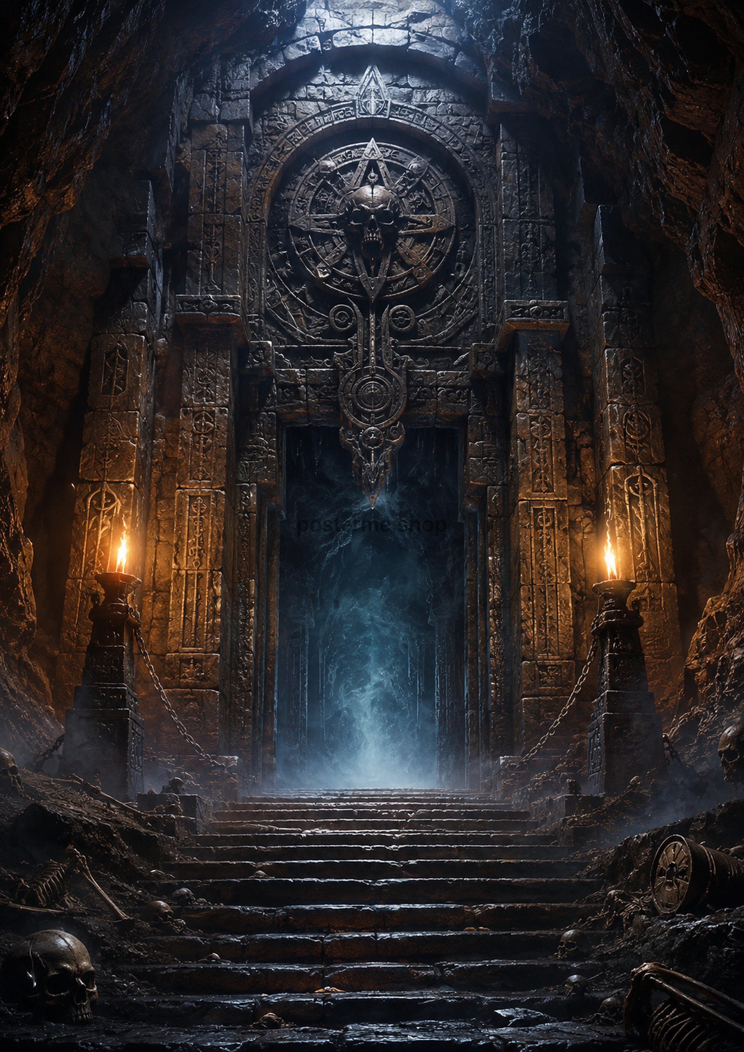 Ancient Tomb Entrance with Eerie Mist fantasy landscape wall print by PosterMe.shop