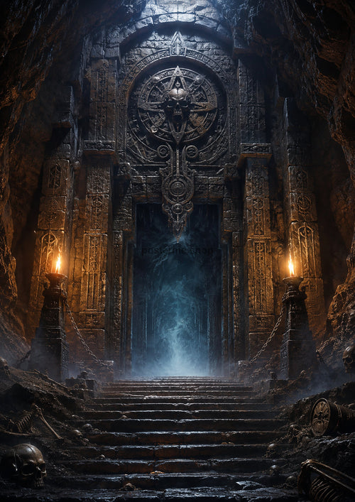 Ancient Tomb Entrance with Eerie Mist fantasy landscape wall print by PosterMe.shop